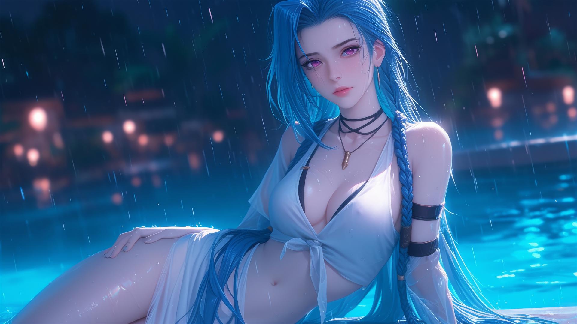Jinx from League of Legends resting by a rainy pool under moonlight, pink eyes, white dress, blue hair