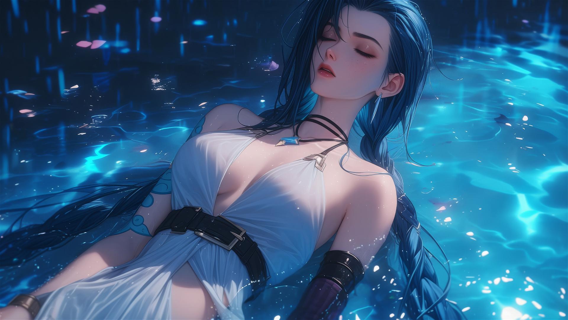 Jinx from League of Legends in white dress, resting by rainy pool at night