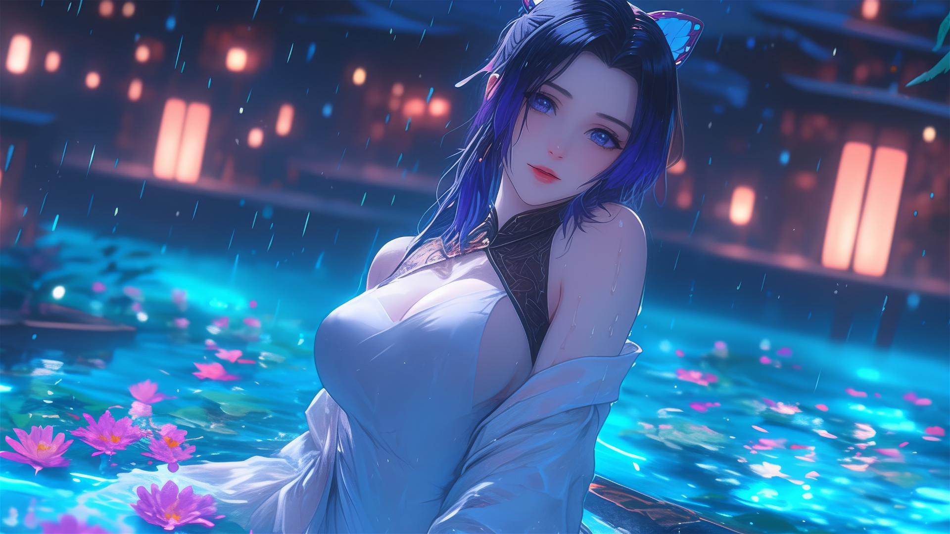 Shinobu Kocho in white dress in a tub of flowers, Chinese spa.