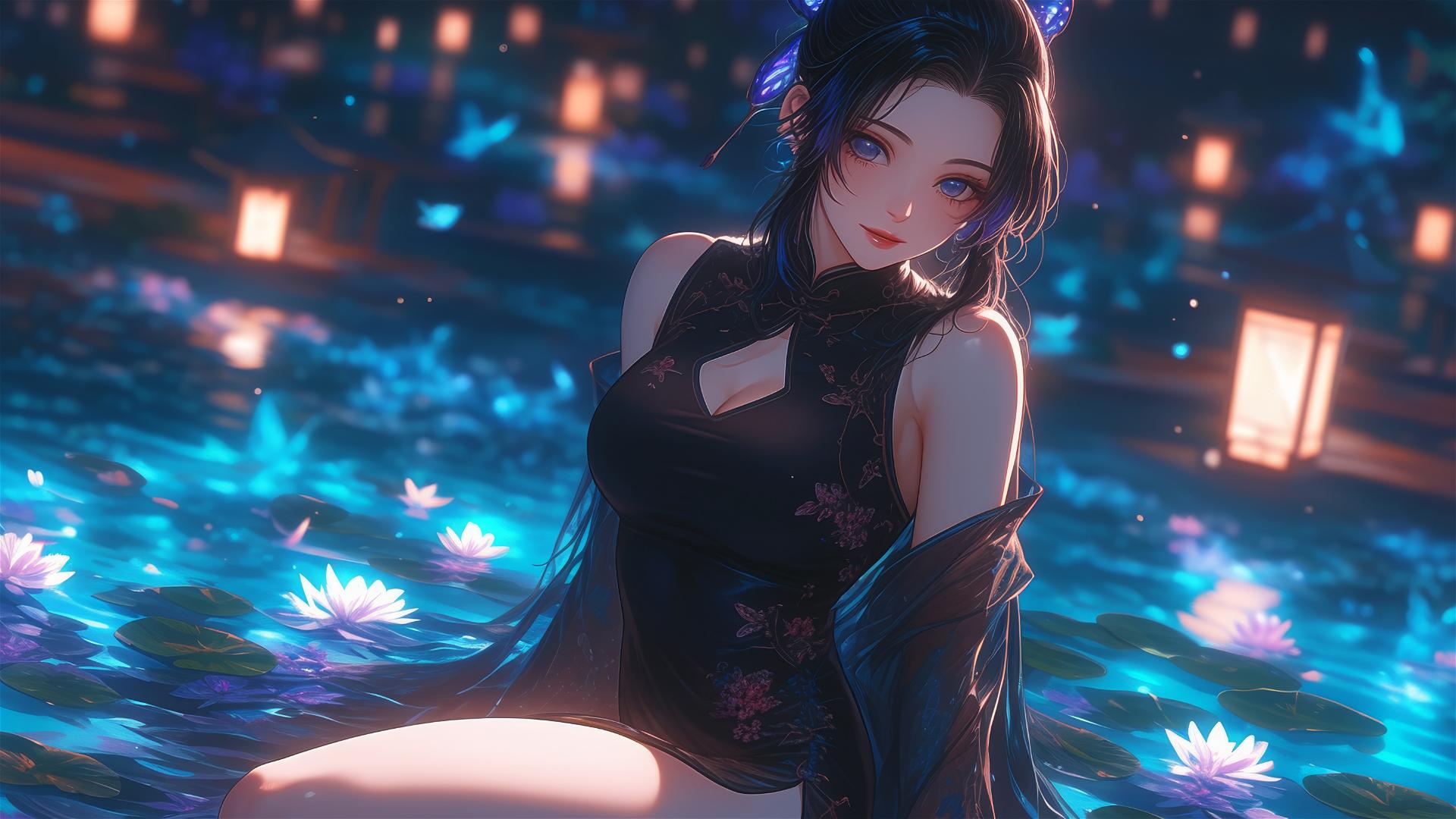 Shinobu Kocho in a cheongsam inside a tub full of flowers at a Chinese spa