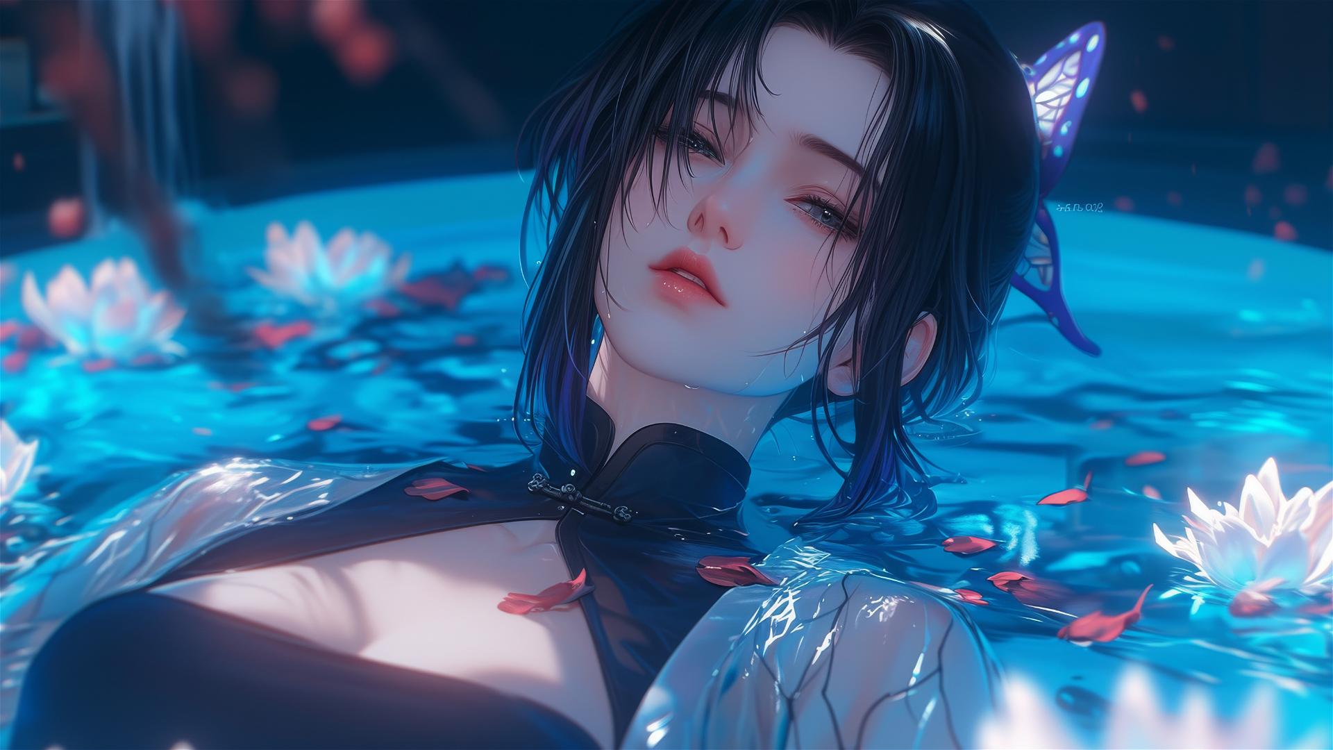 Shinobu Kocho in a cheongsam, in a flower-filled tub at a Chinese spa.