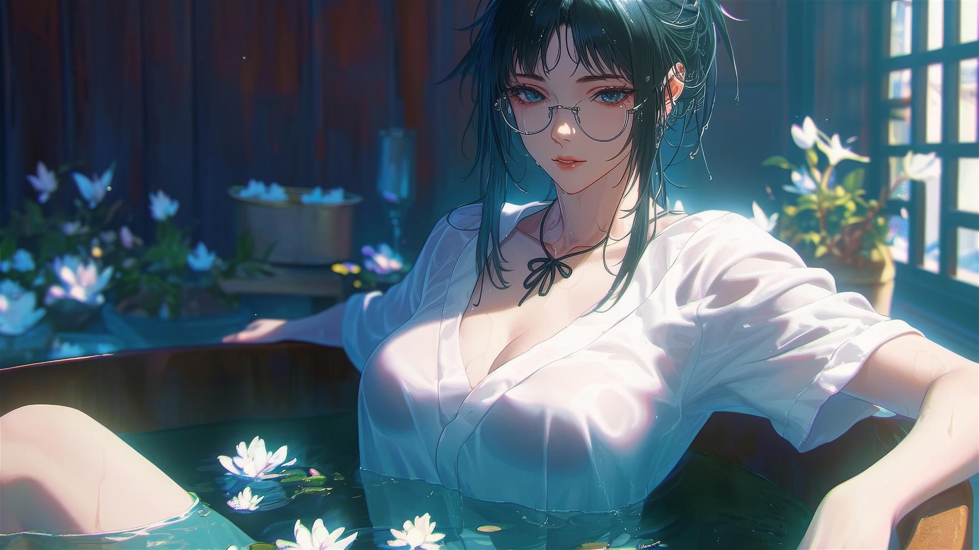 Maki Zenin in a tub full of flowers, wearing a white shirt and glasses in a Chinese spa