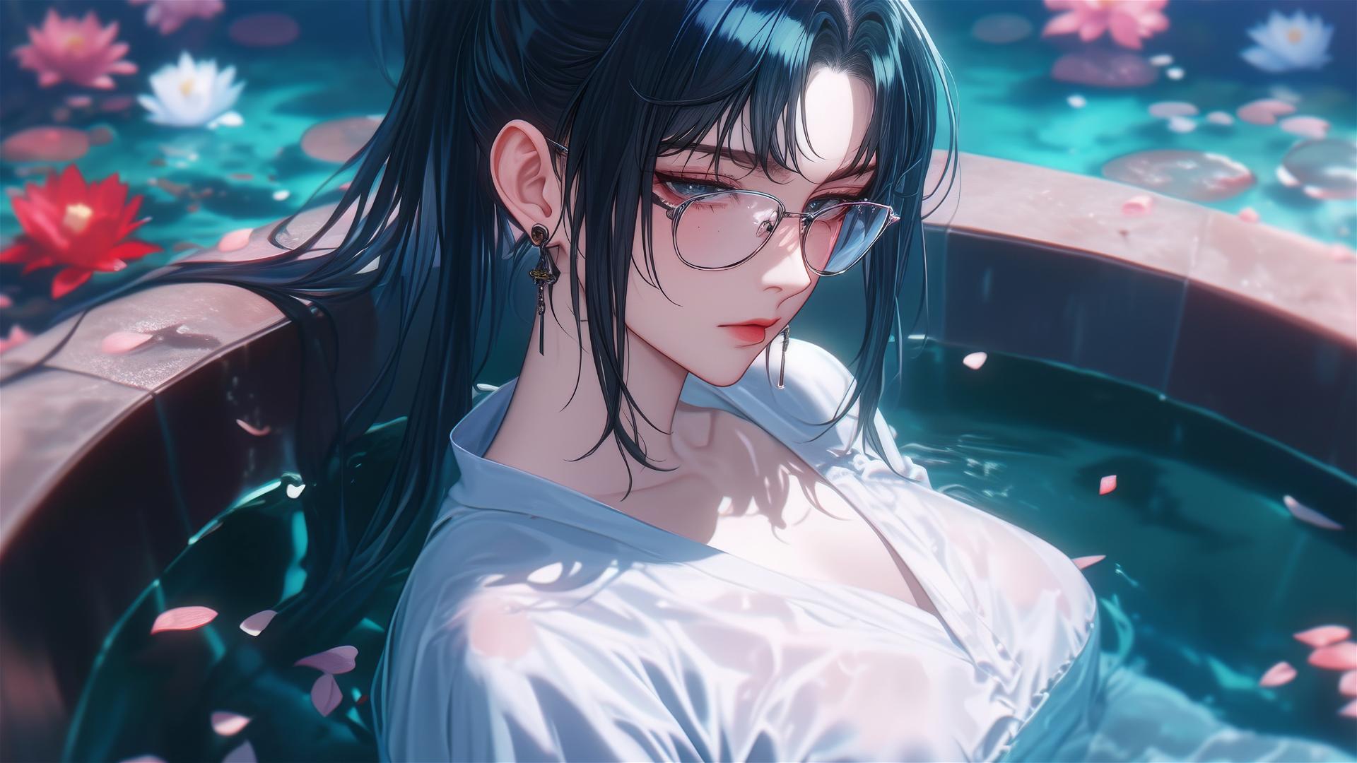 Maki Zenin in a tub filled with flowers, wearing a white shirt and glasses