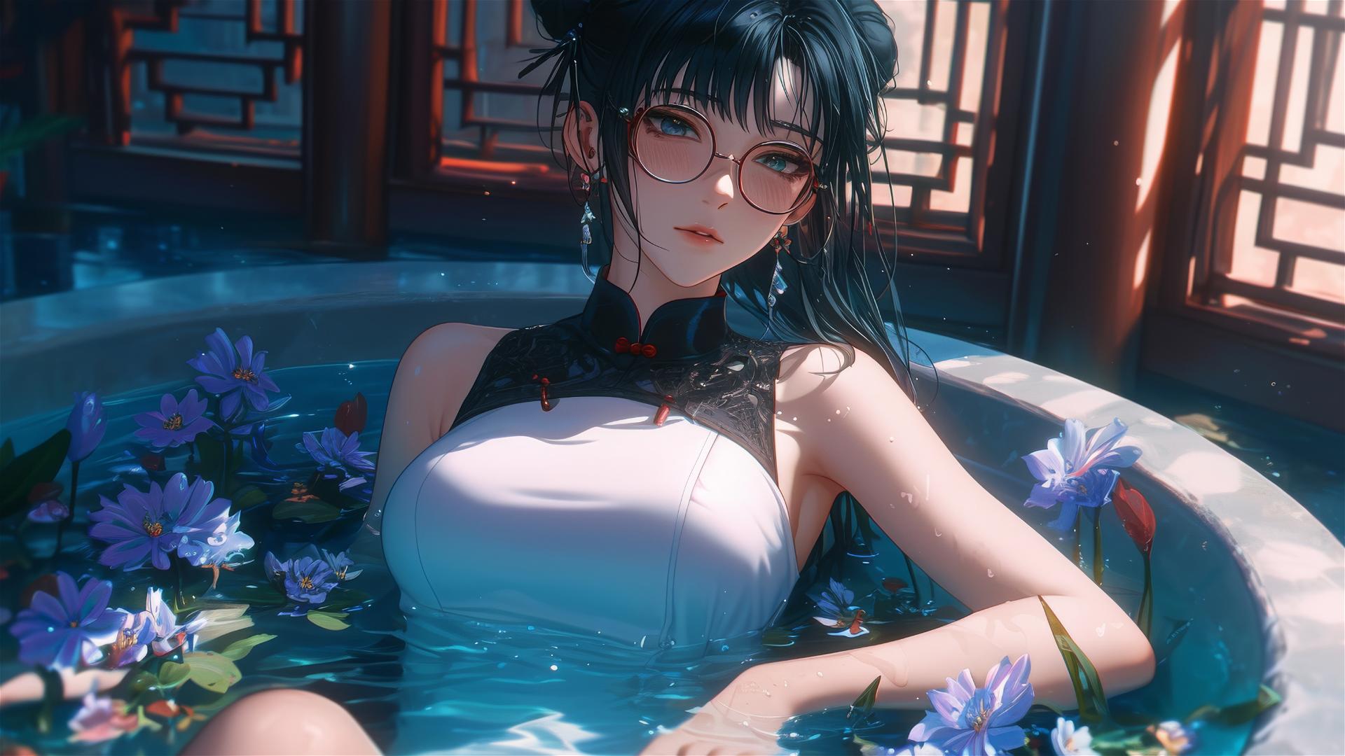 Maki Zenin in flower-filled tub at Chinese spa, wearing glasses
