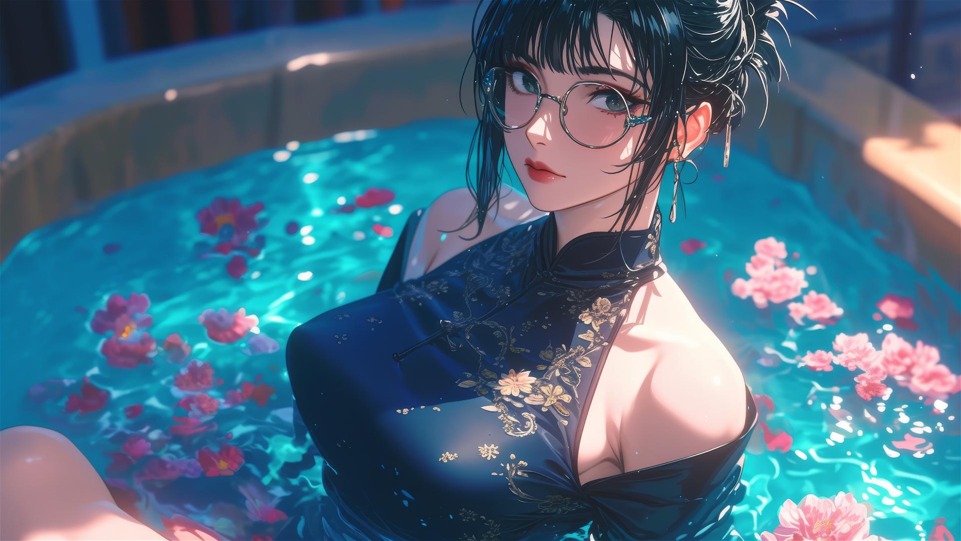 Maki Zenin from Jujutsu Kaisen in tub full of flowers wearing glasses.