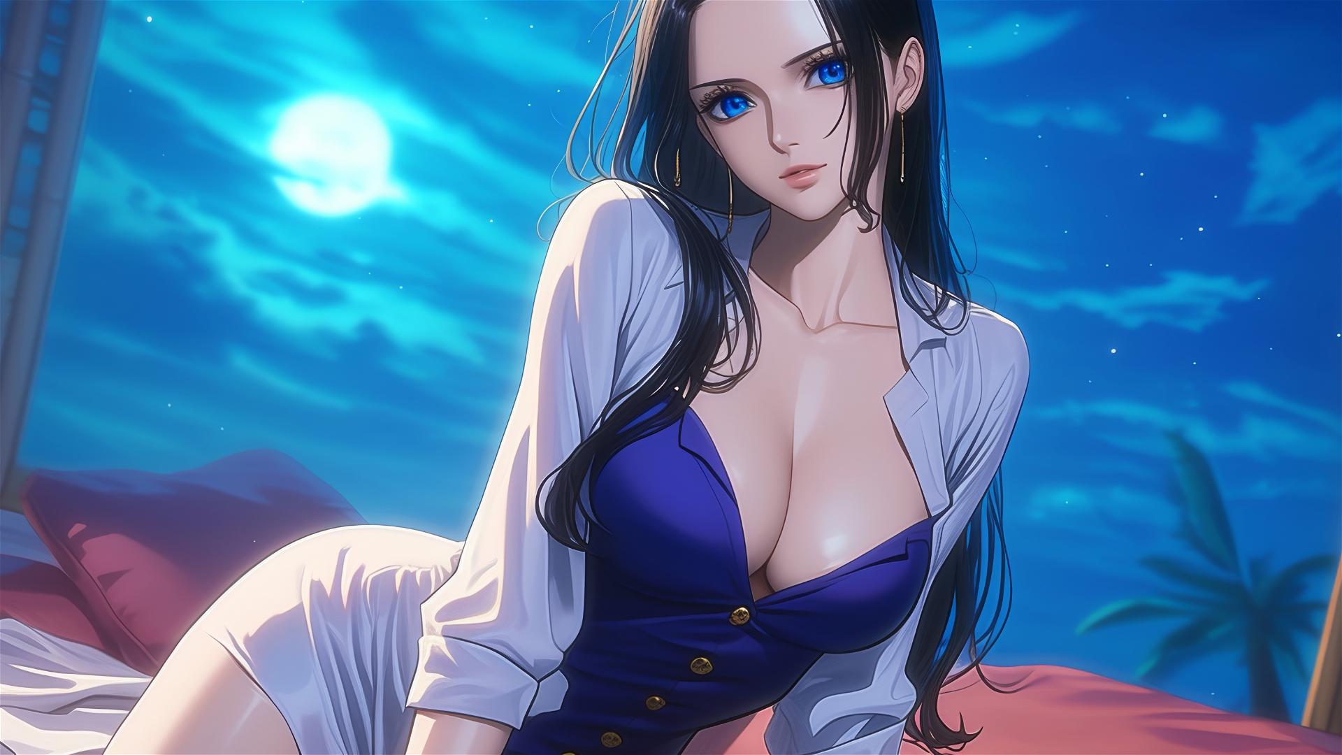 Nico Robin resting in modern hotel room with moonlight glow