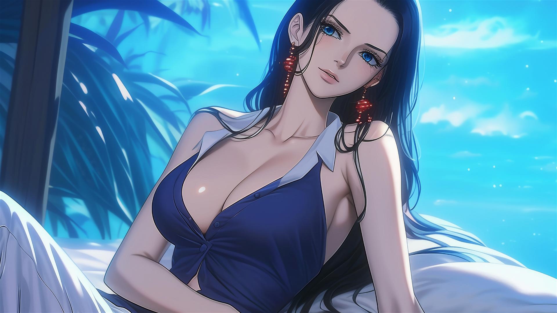 Nico Robin from One Piece resting in a modern hotel room under moonlight.