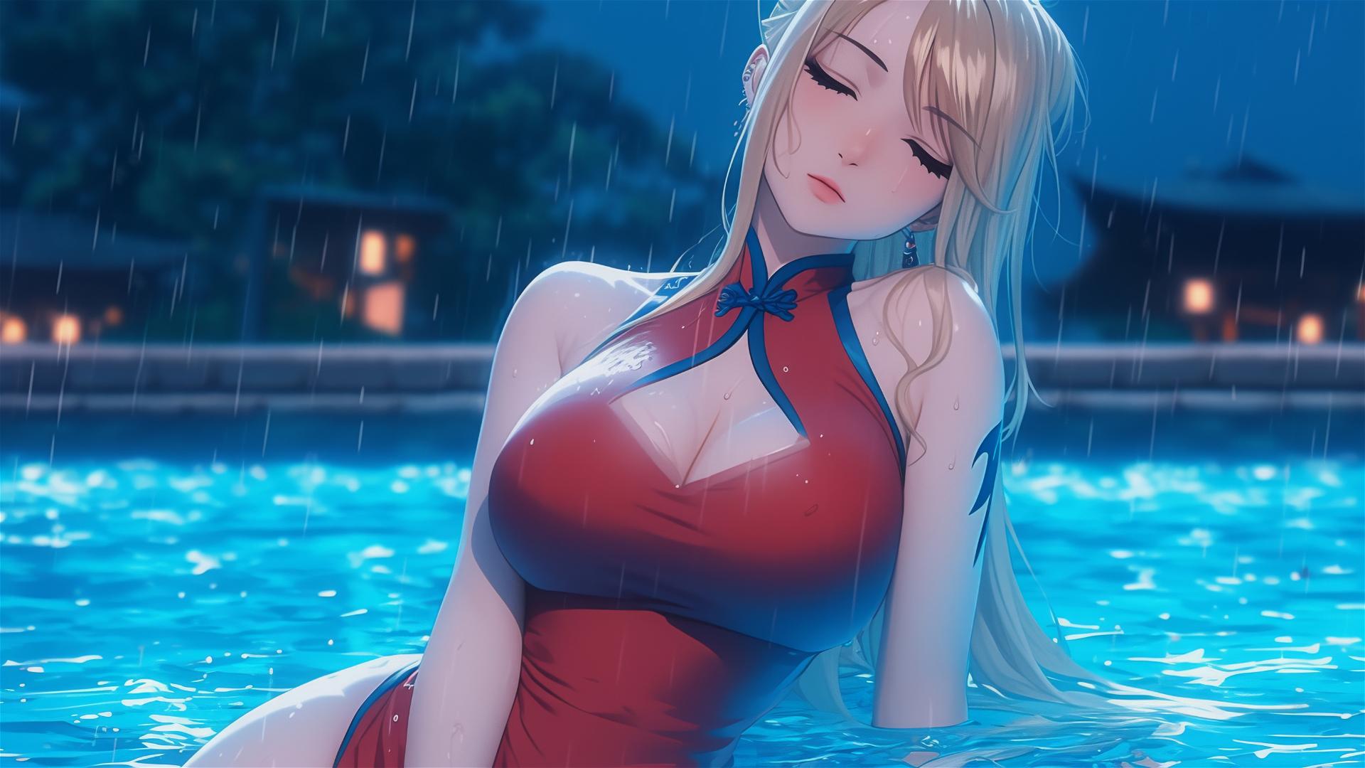 Lucy Heartfilia resting at a rainy swimming pool under moonlight in a red dress
