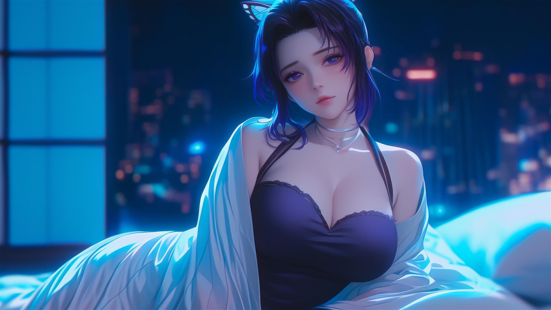 Shinobu Kocho from Demon Slayer resting in modern hotel room with moonlight glow