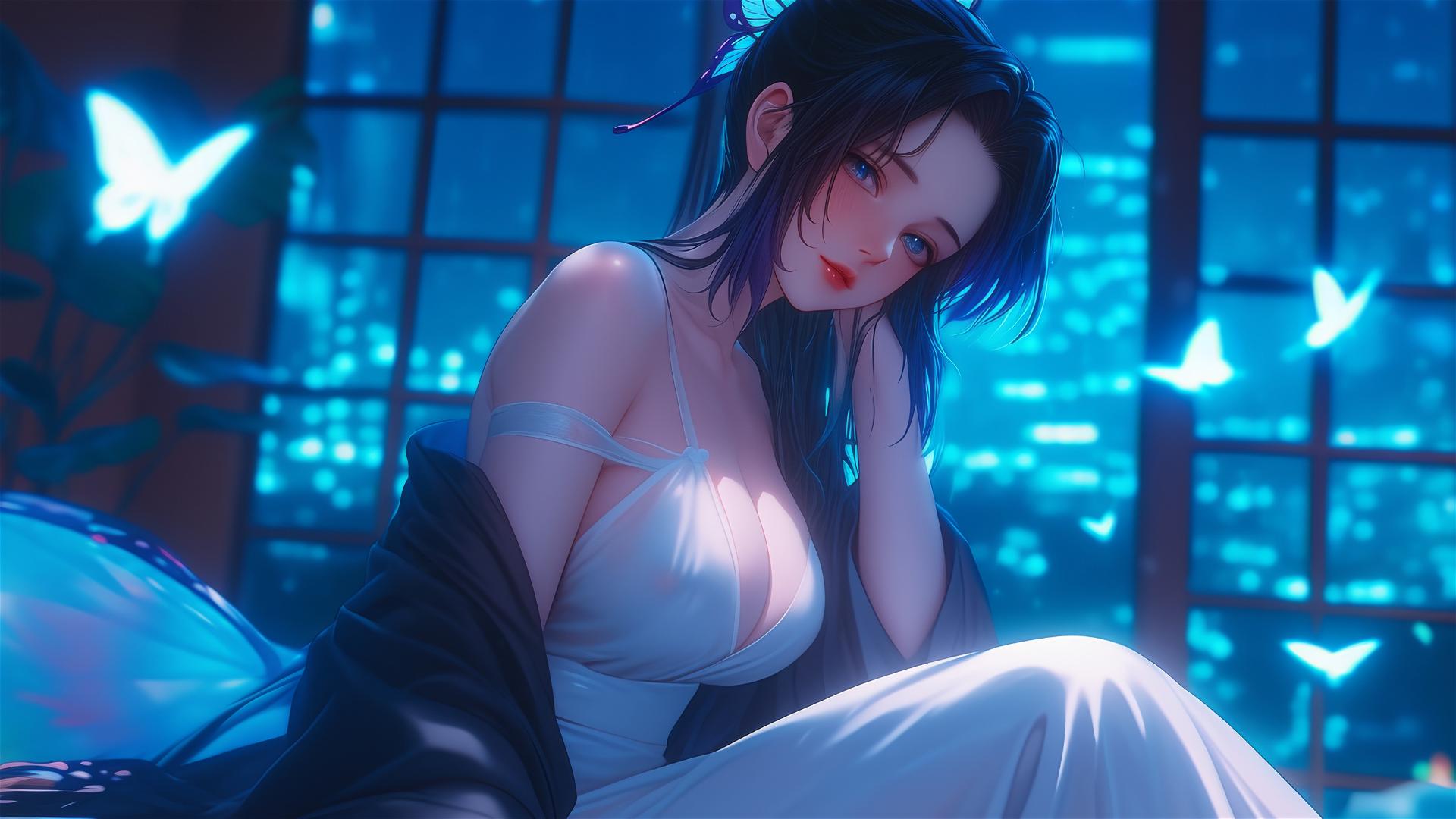 Shinobu Kocho from Demon Slayer in a modern hotel room with neon and moonlight