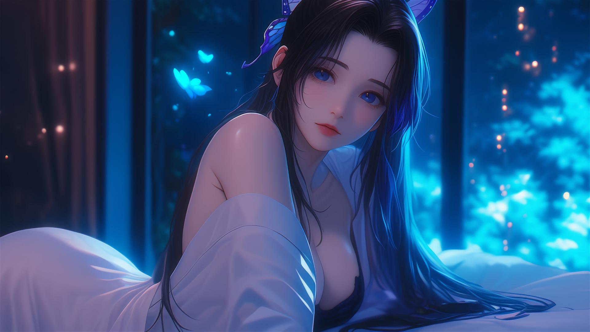 Shinobu Kocho in modern hotel room with glowing neon lights and moonlight