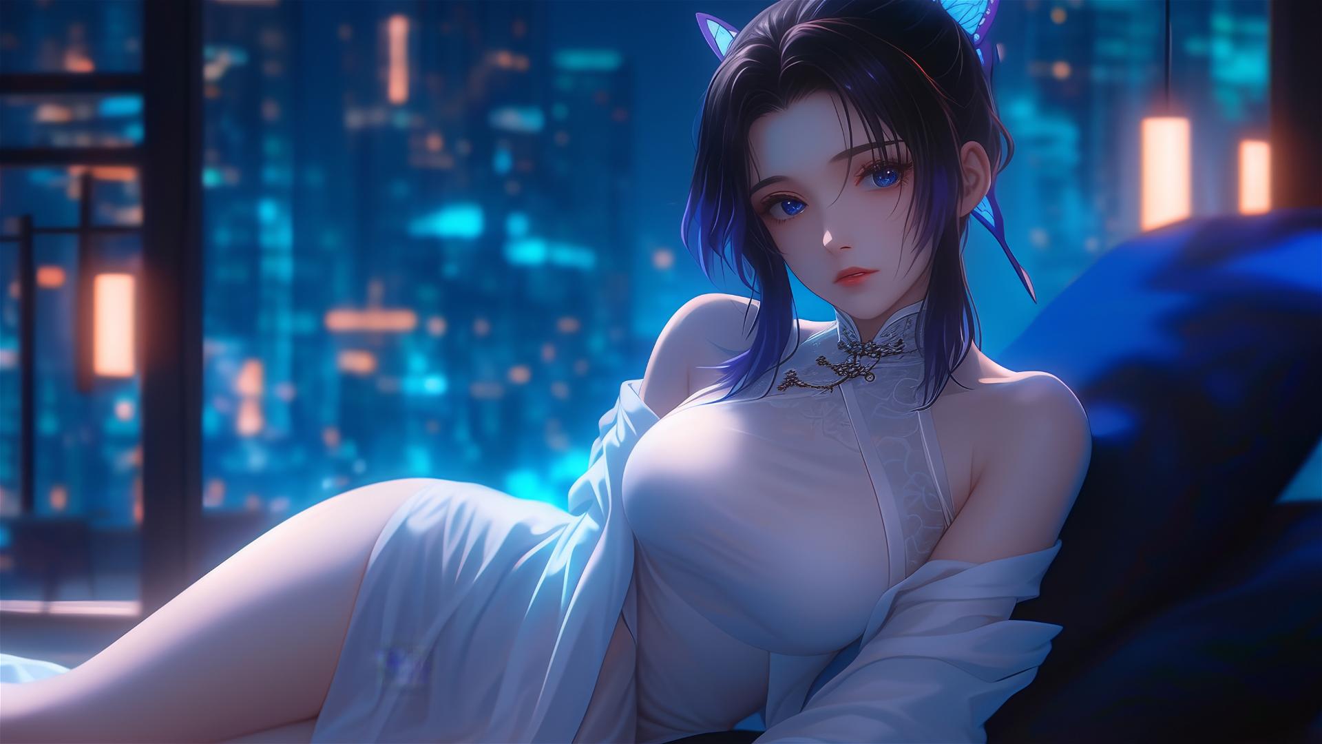 Shinobu Kocho resting in a modern hotel room with neon lights and moonlight