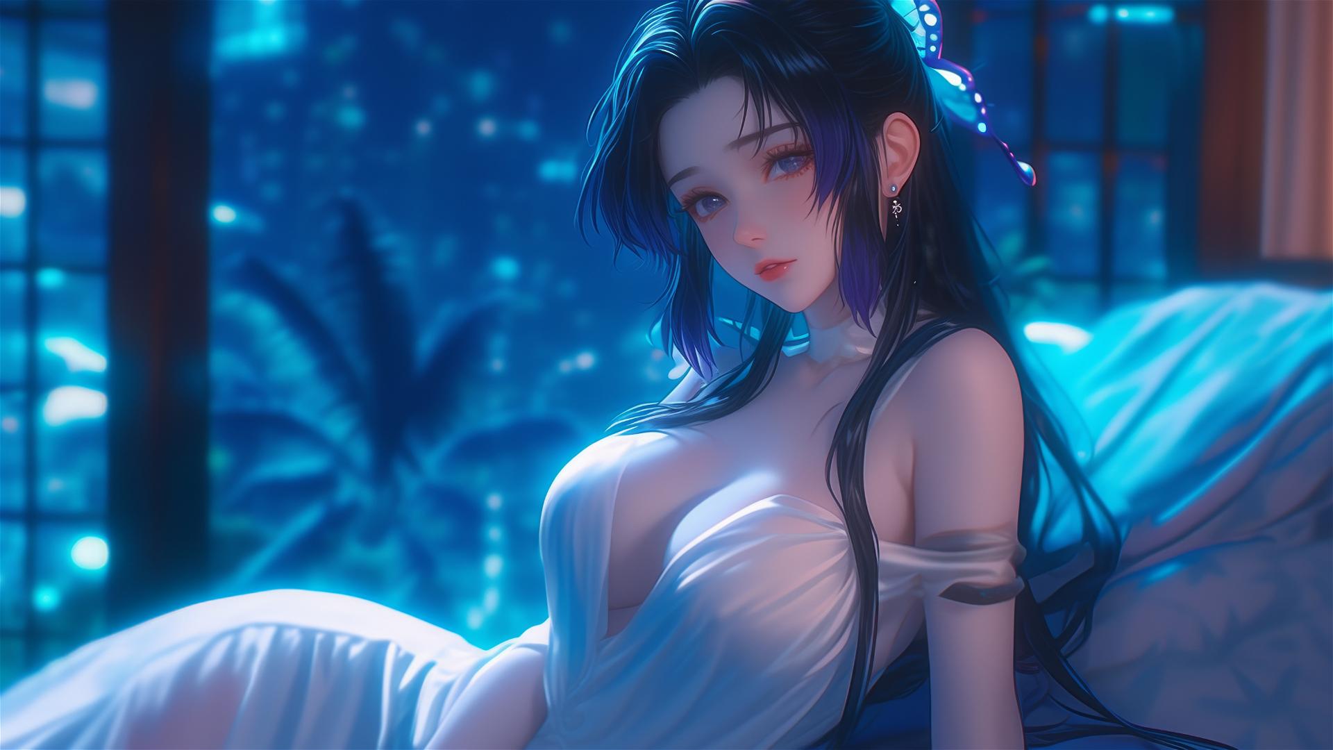 Shinobu Kocho from Demon Slayer resting in modern hotel room with neon lights and moonlight.