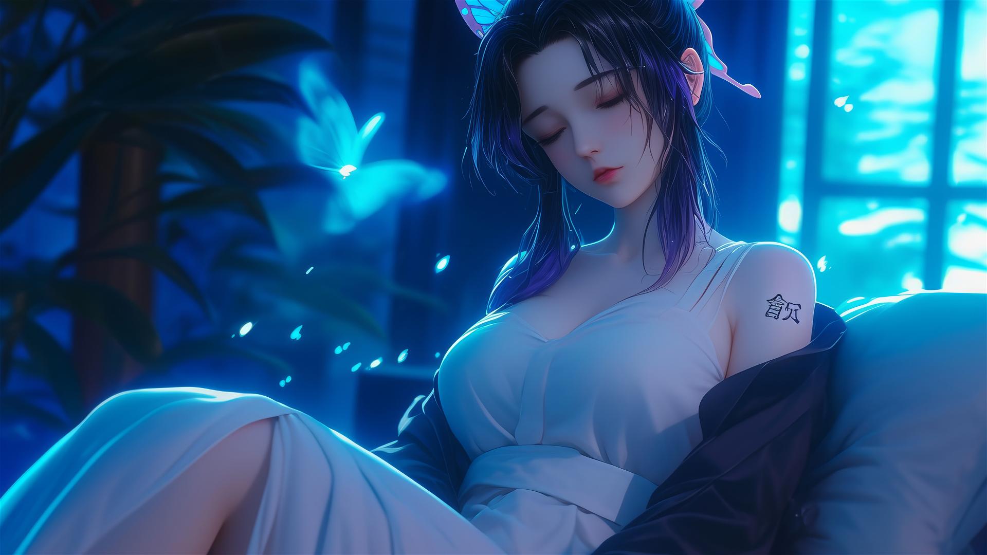 Shinobu Kocho from Demon Slayer resting in a neon-lit hotel room