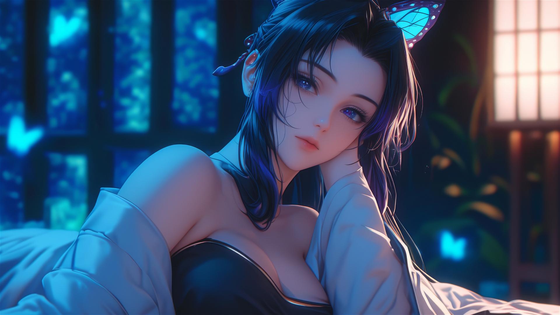 Shinobu Kocho resting in neon-themed hotel room with glowing lights