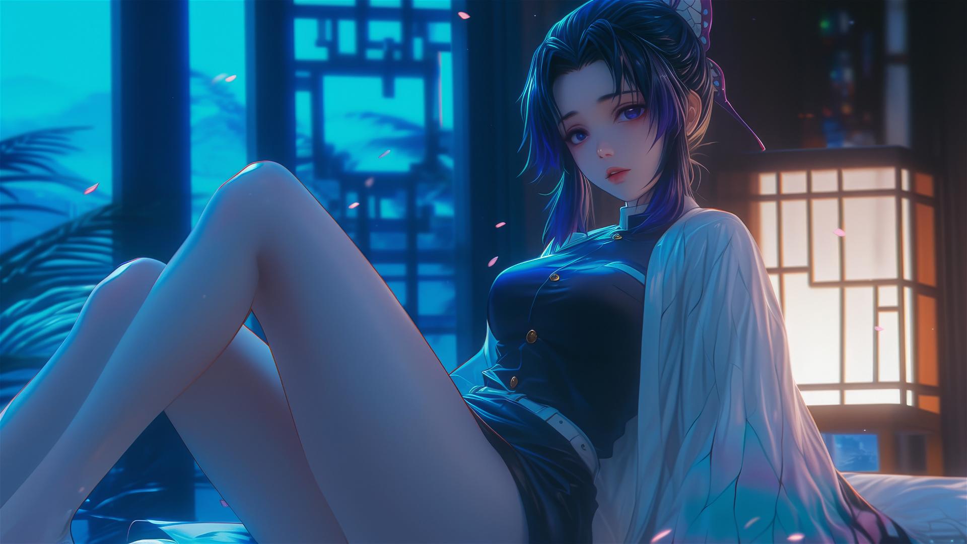 Shinobu Kocho resting in a modern hotel room with moonlight glow