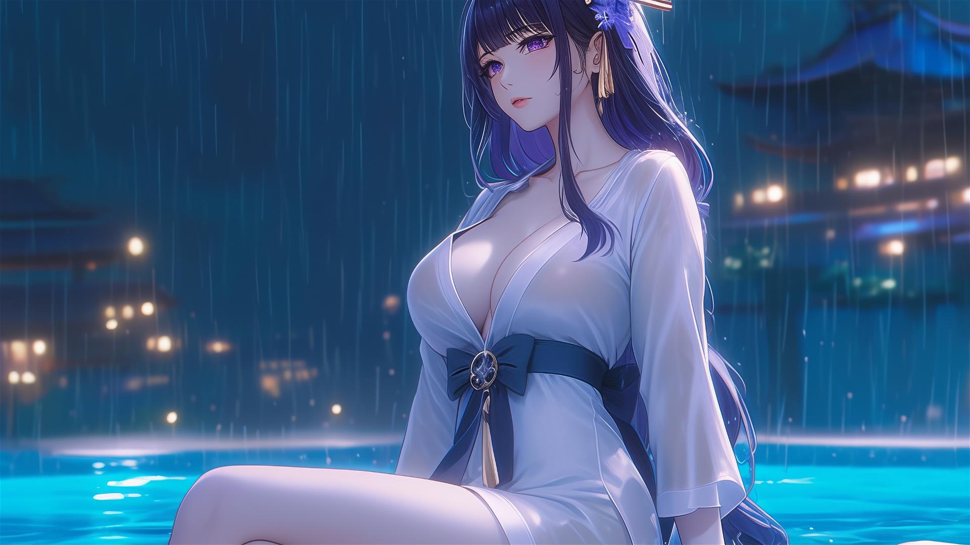 Raiden Shogun from Genshin Impact resting at rainy pool with moonlight glow