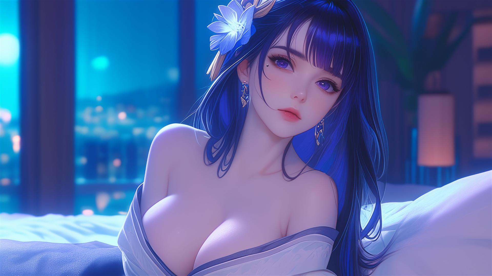 Raiden Shogun from Genshin Impact resting at modern hotel under moonlight