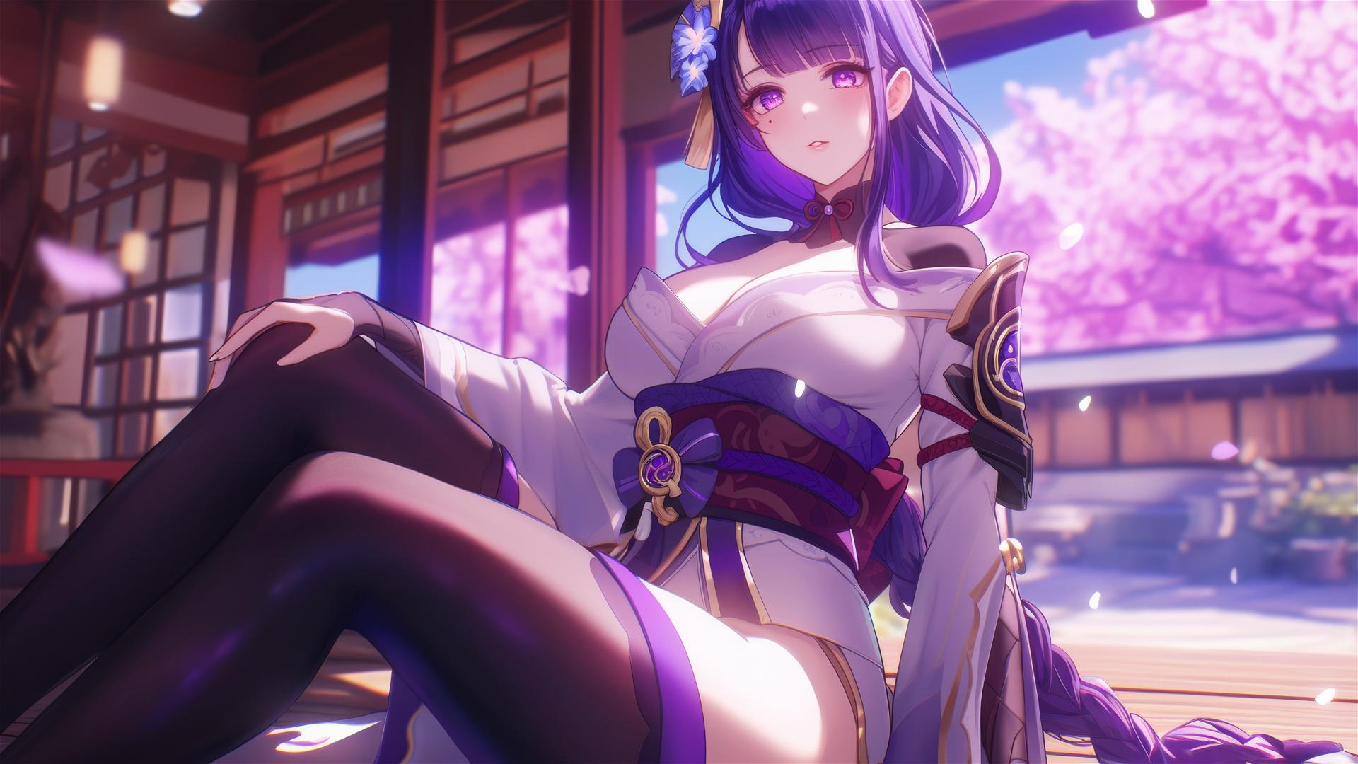 Raiden Shogun from Genshin Impact resting at a modern hotel under moonlight.