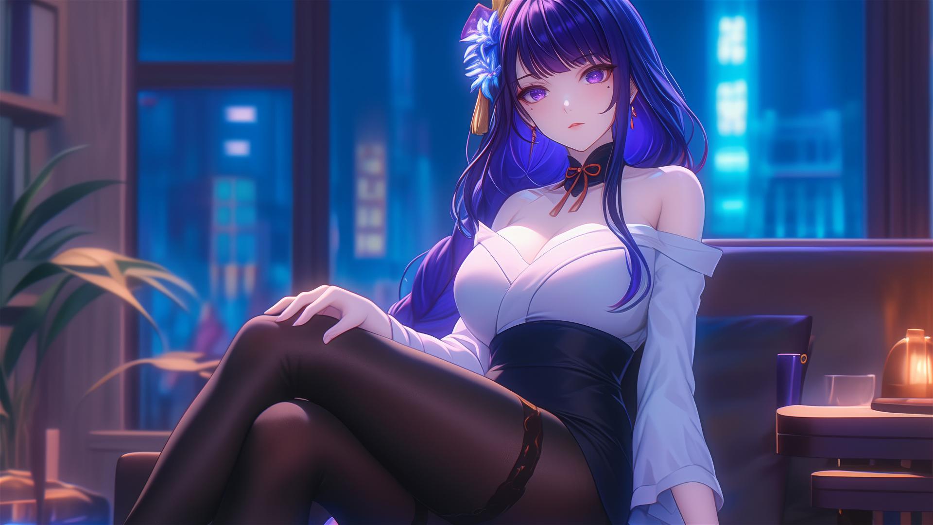 Raiden Shogun from Genshin Impact rests at a modern hotel under moonlight