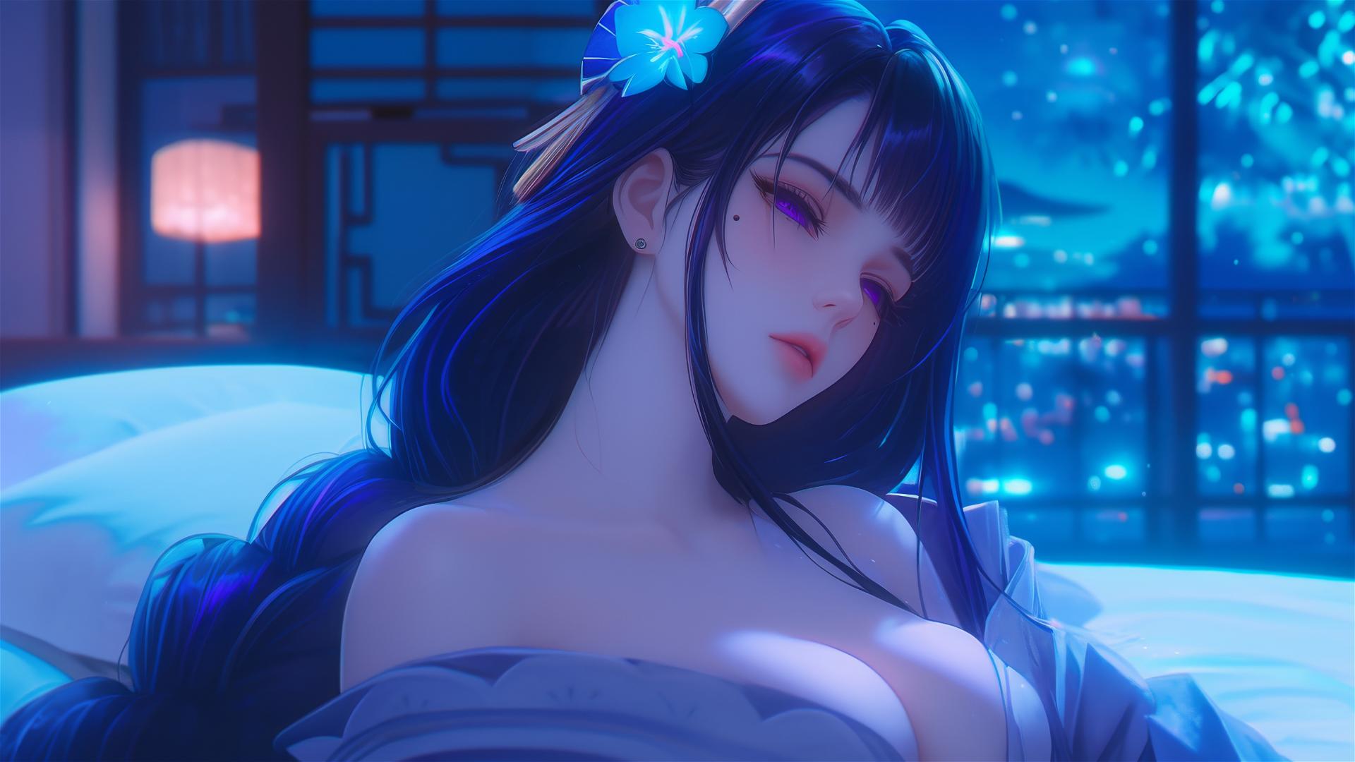 Raiden Shogun from Genshin Impact resting at a modern hotel with moonlight glow