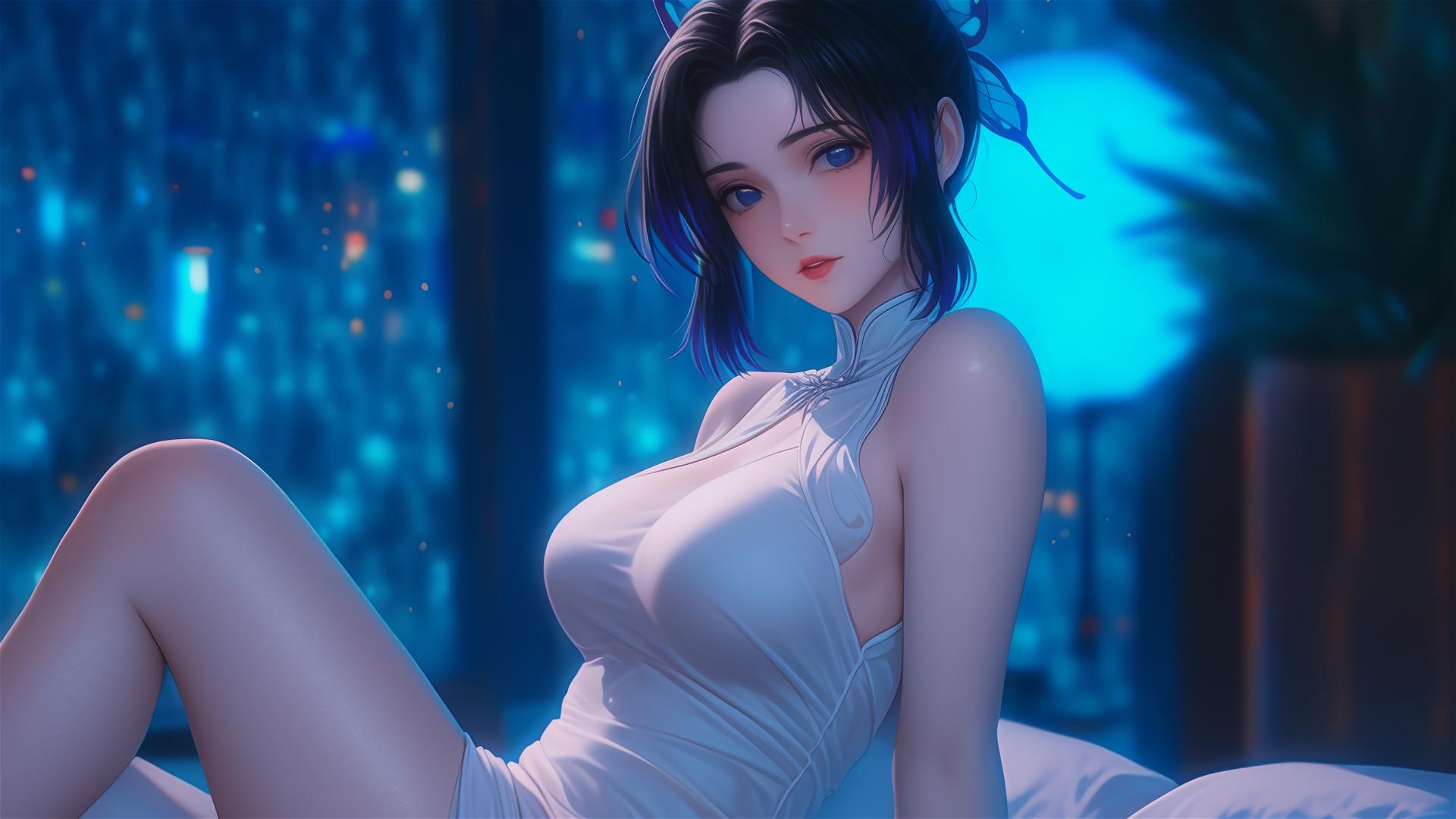 Shinobu Kocho from Demon Slayer resting in modern hotel room with neon lights