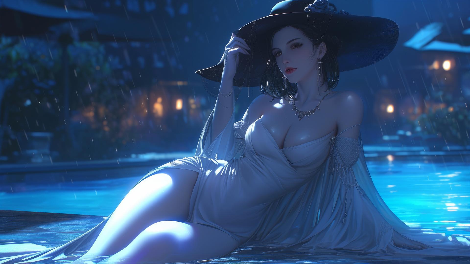 Lady Dimitrescu resting at a rainy swimming pool, moonlight casting a soft glow.