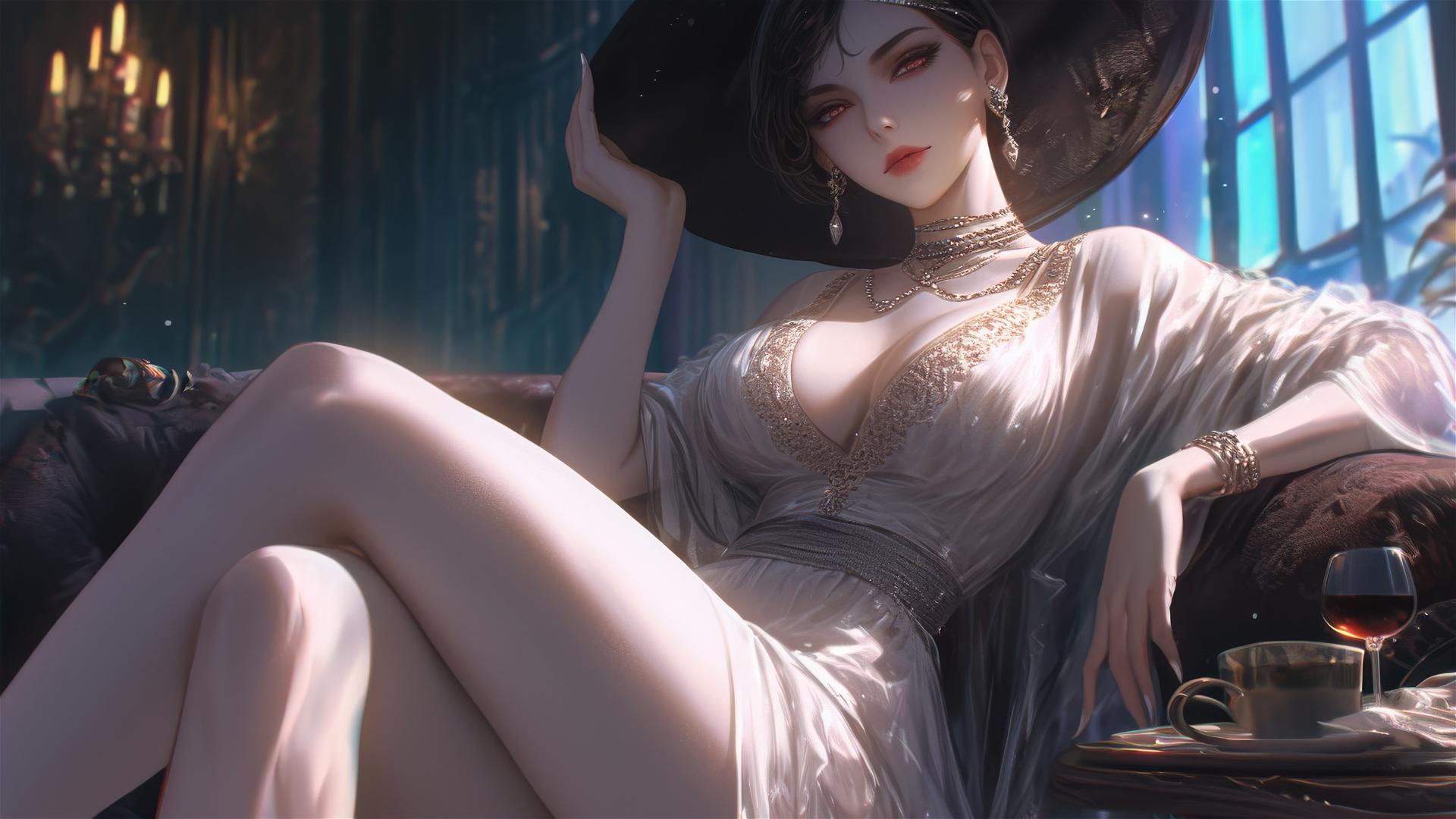 Lady Dimitrescu resting on a modern hotel bed with moonlight glow