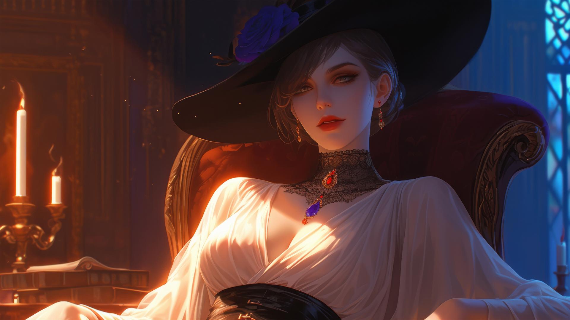 Lady Dimitrescu from Resident Evil under red moonlight, gothic and elegant