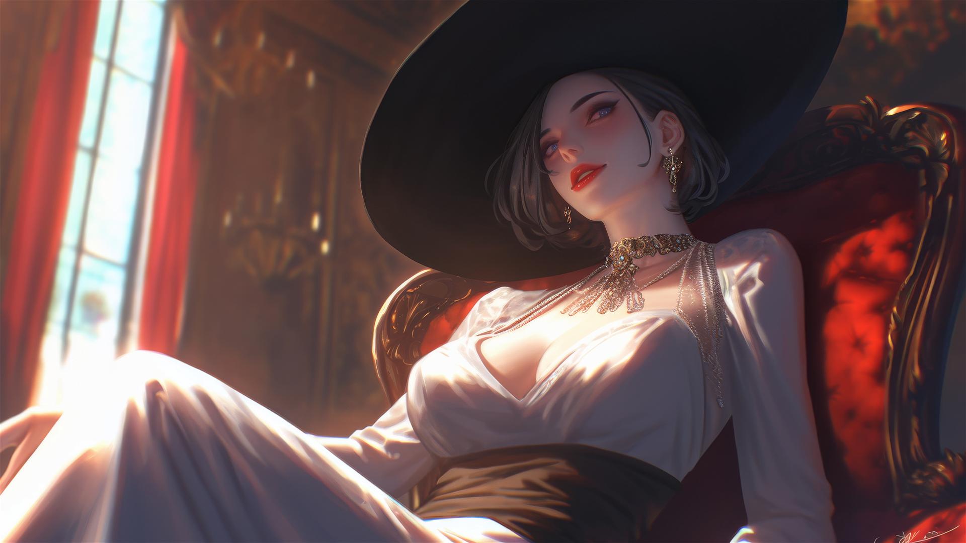 Lady Dimitrescu resting under red moonlight, gothic horror elegance