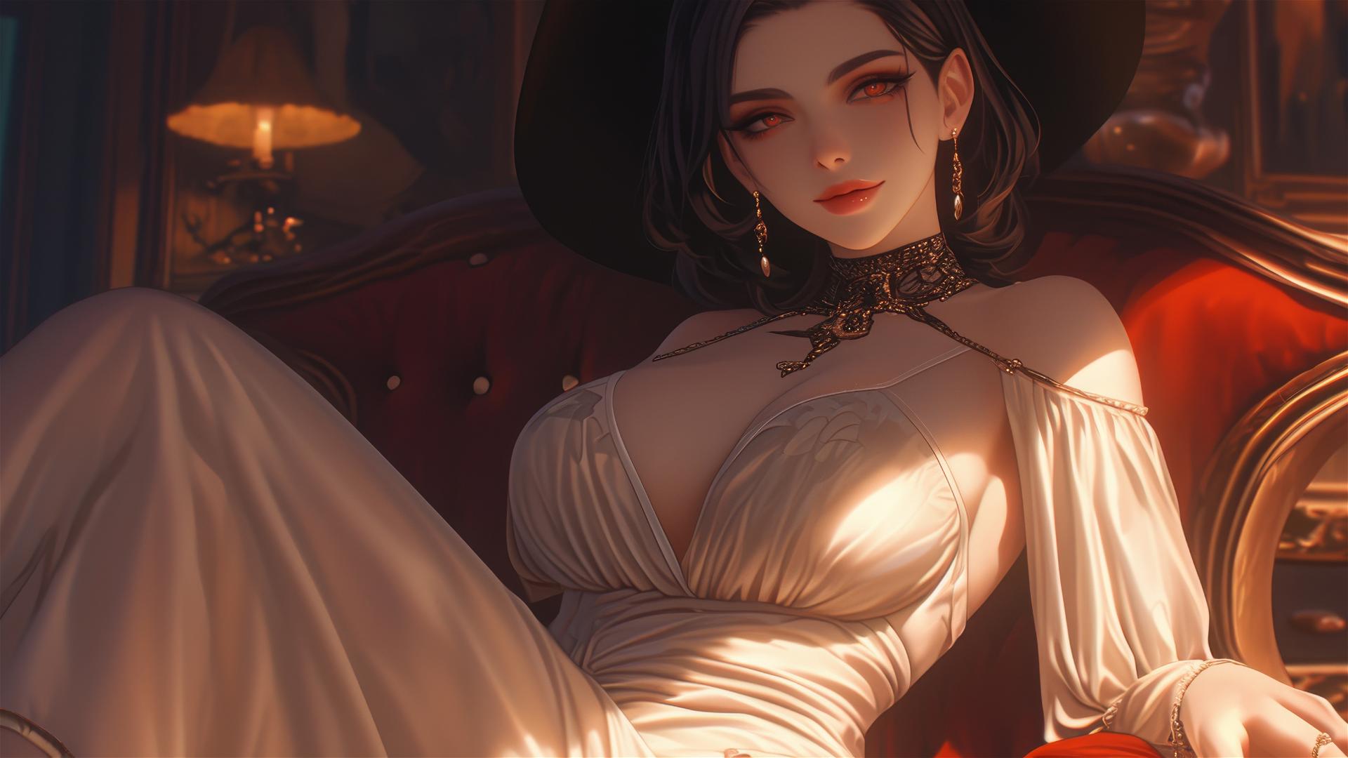 Lady Dimitrescu from Resident Evil resting under red moonlight.