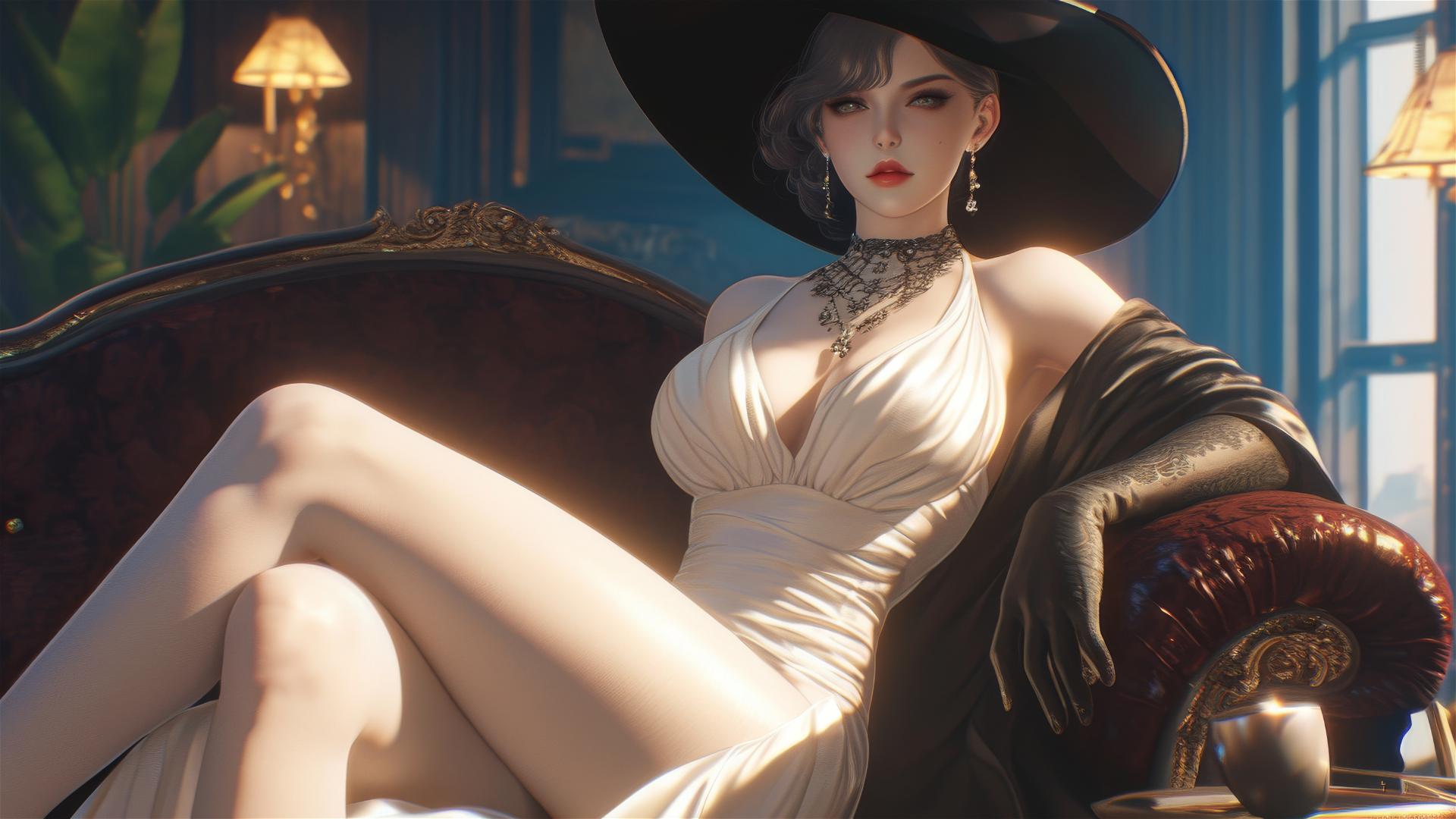 Lady Dimitrescu resting on a modern hotel bed under moonlight