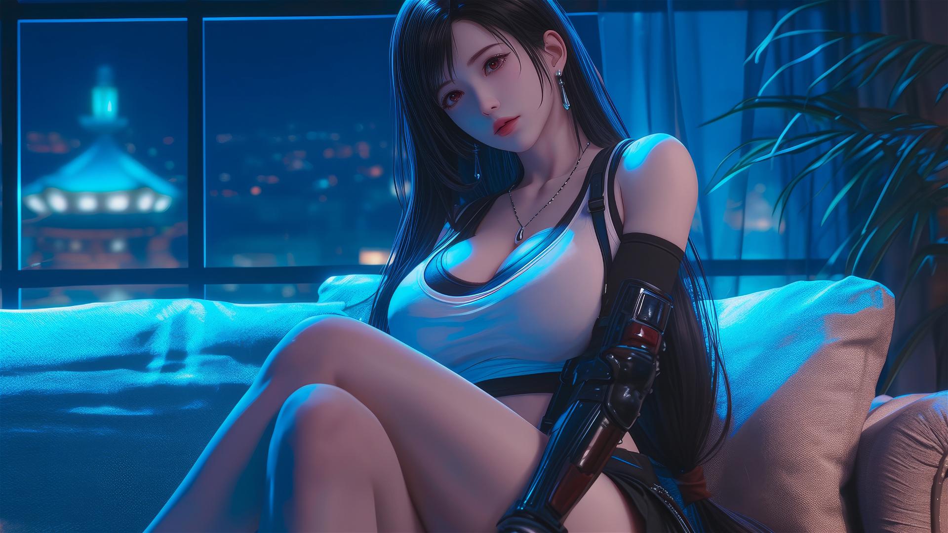 Tifa Lockhart in bold dress resting in room under moonlight