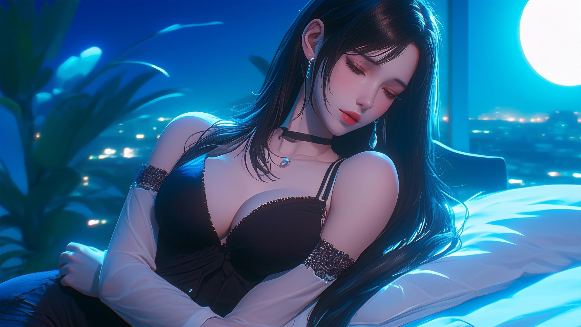 Tifa Lockhart in black pajamas resting in her room with moonlight glow