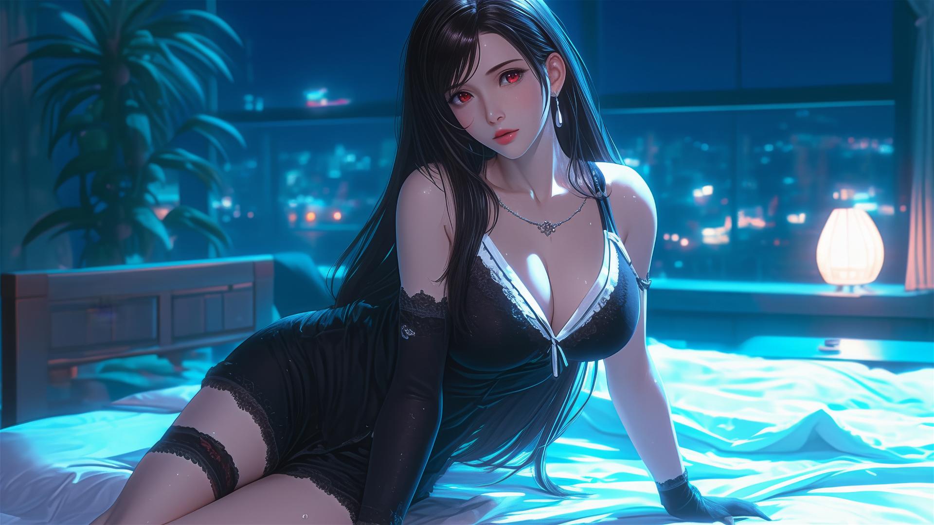 Tifa Lockhart resting in black pajamas under moonlight