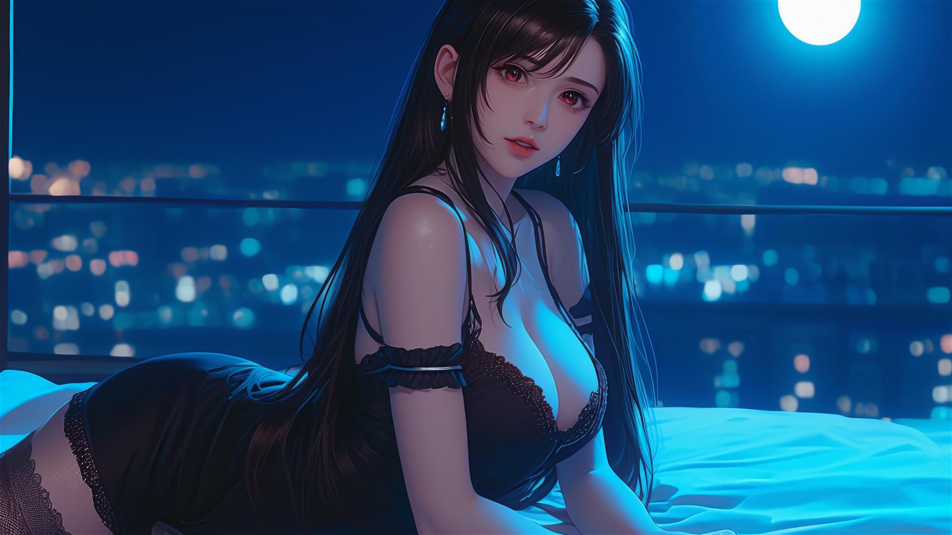 Tifa Lockhart in black pajamas, resting under soft moonlight