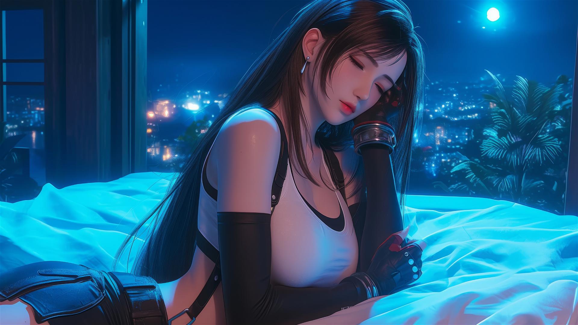 Tifa Lockhart resting in her room under moonlight