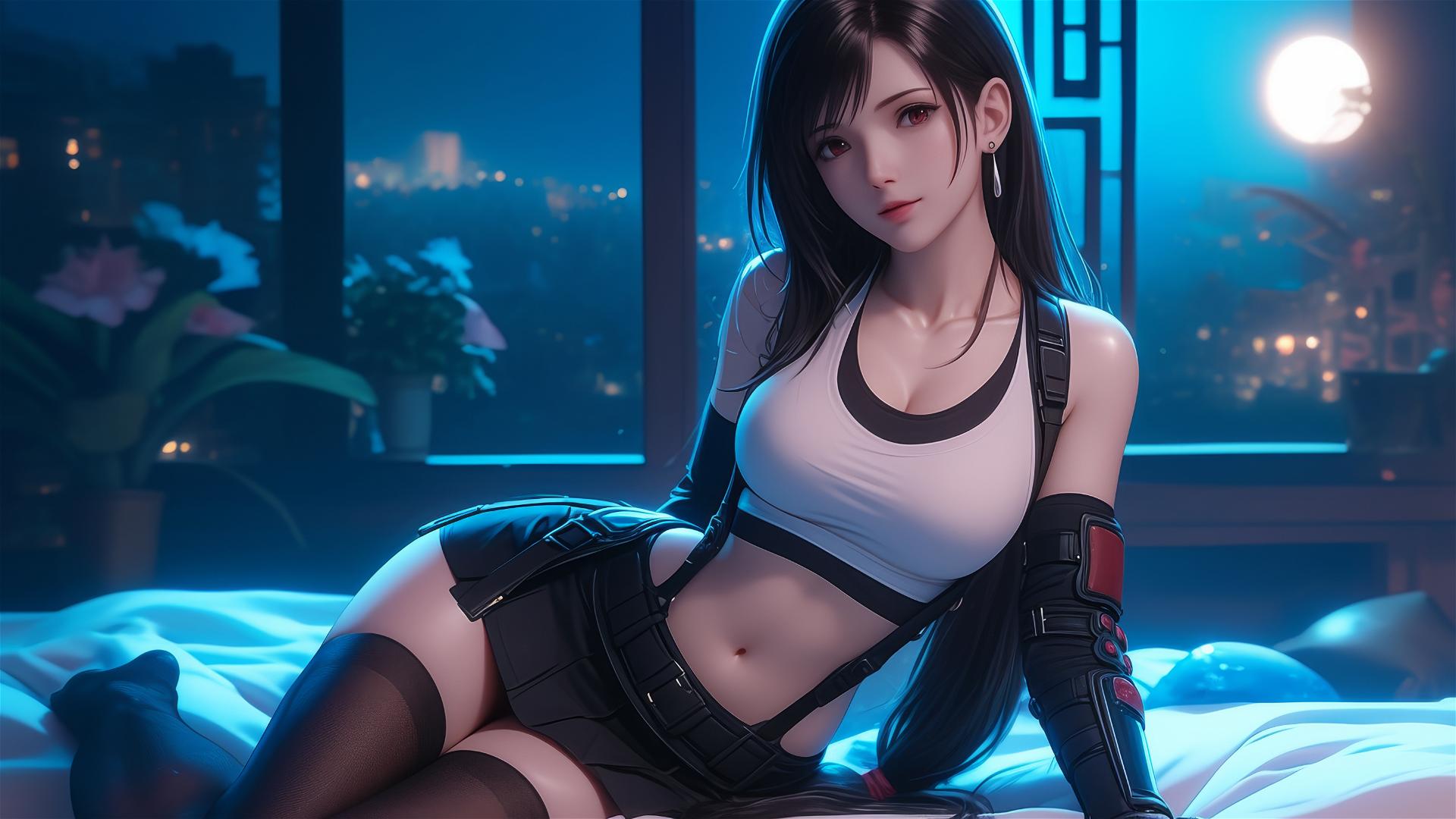 Tifa Lockhart resting in her room with moonlight casting a soft glow