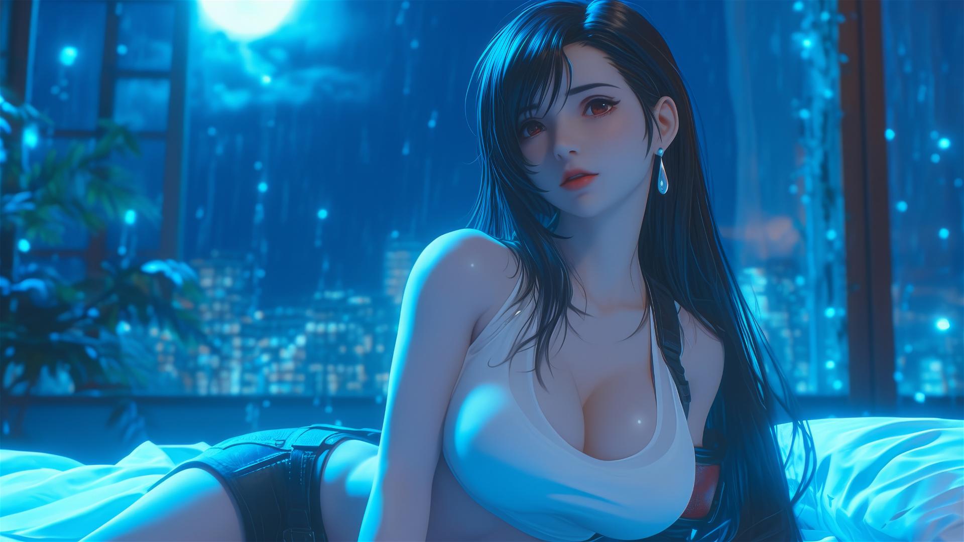 Tifa Lockhart resting in her room under moonlight