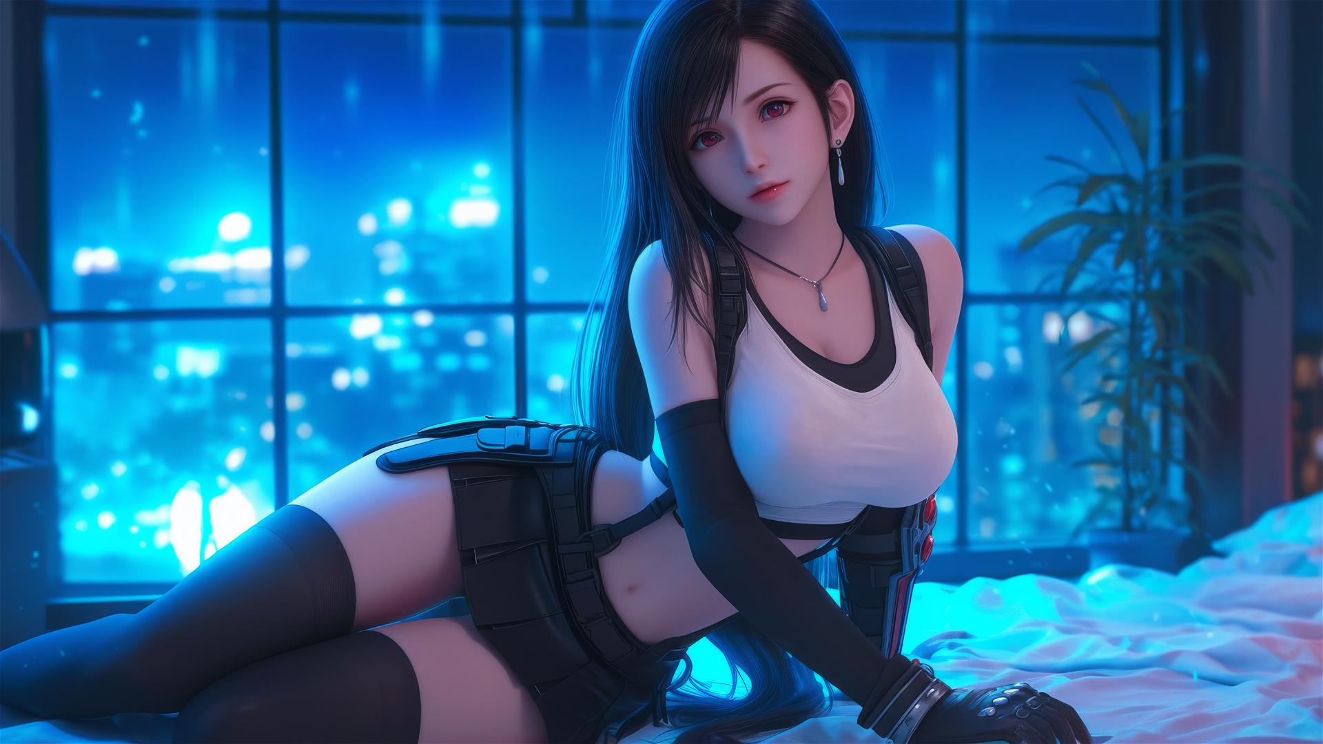 Tifa Lockhart resting in her room under soft moonlight