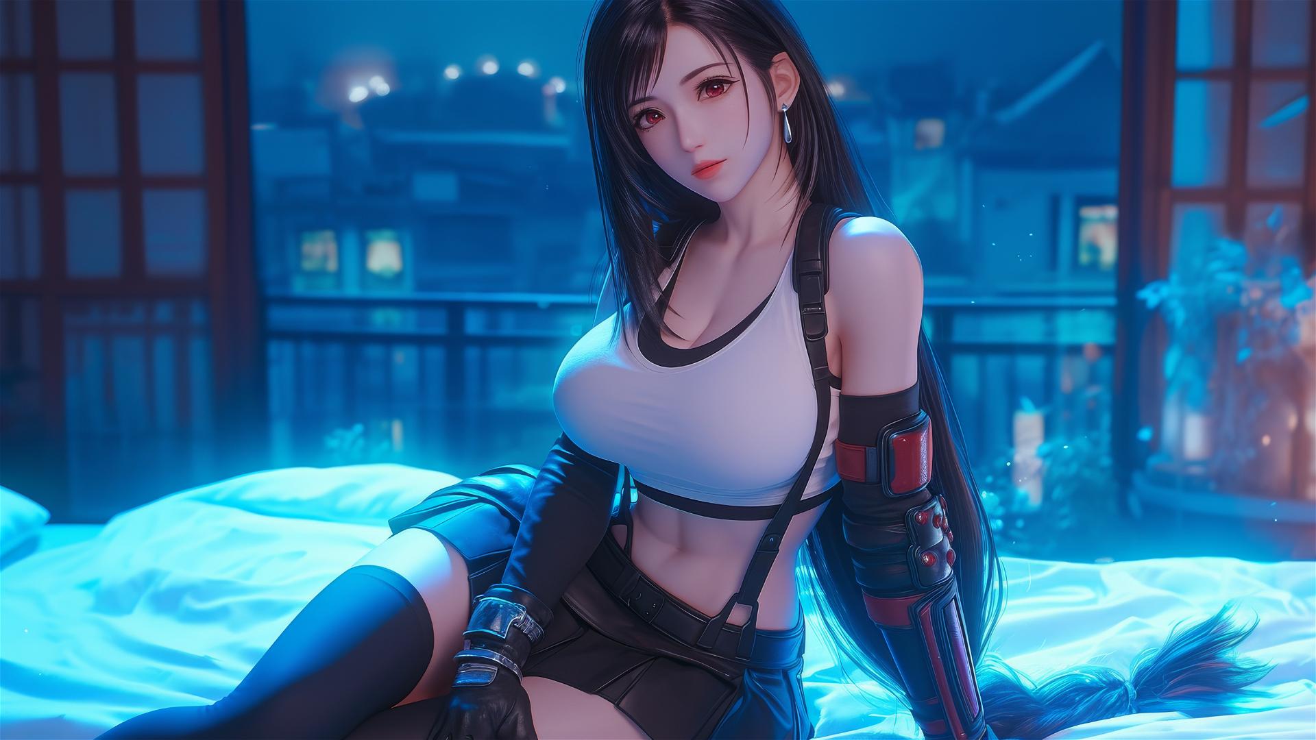 Tifa Lockhart resting, moonlight glow in room