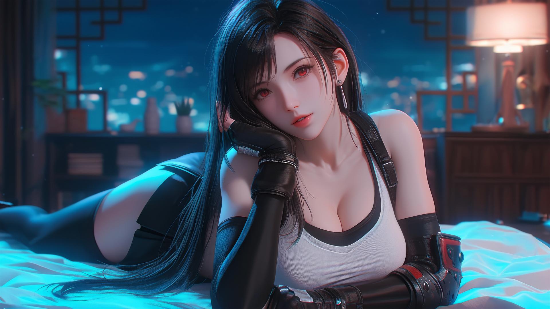 Tifa Lockhart resting in her room with moonlight glow.