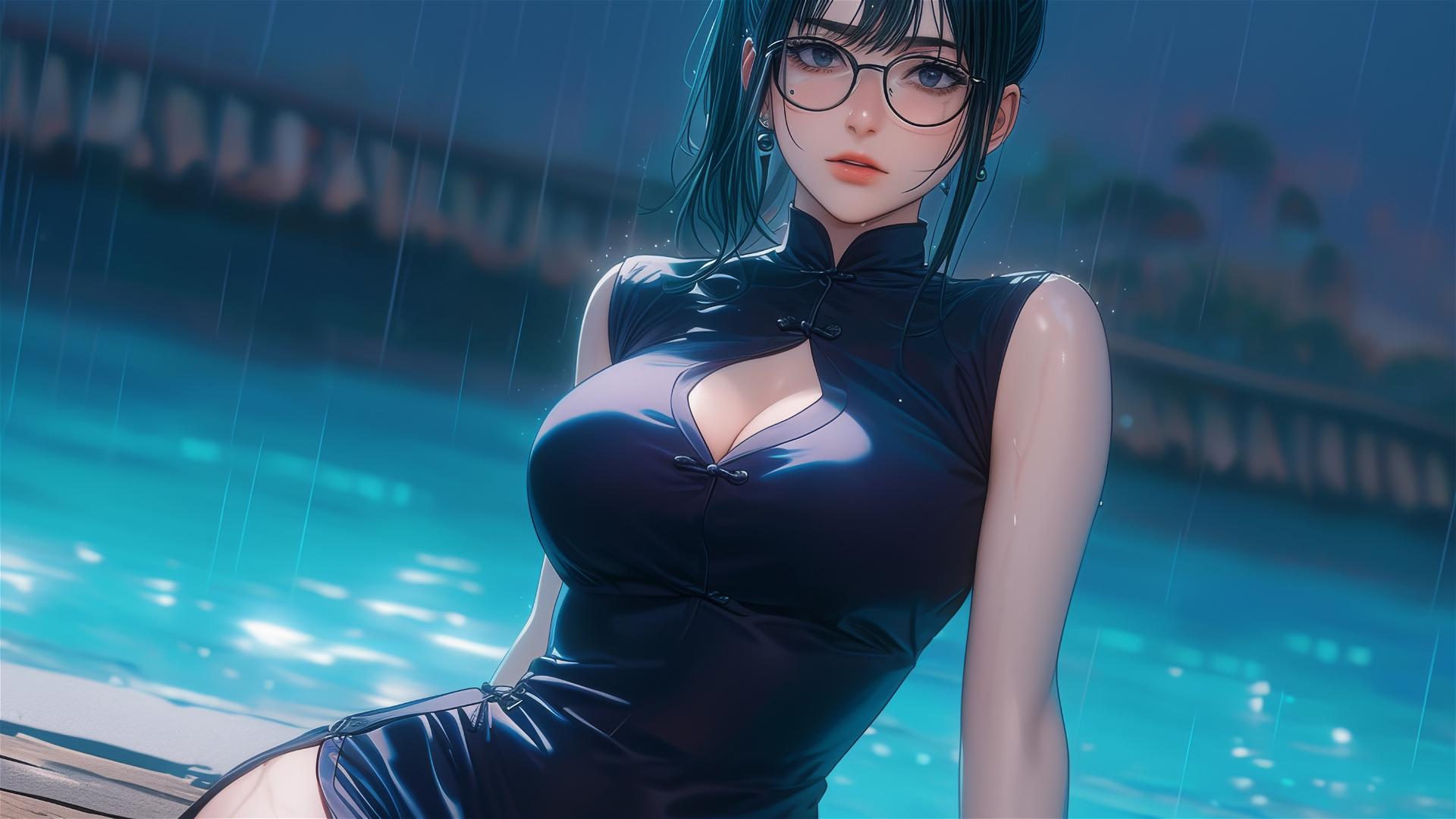 Maki Zenin resting by the pool under moonlight with rain and glasses.