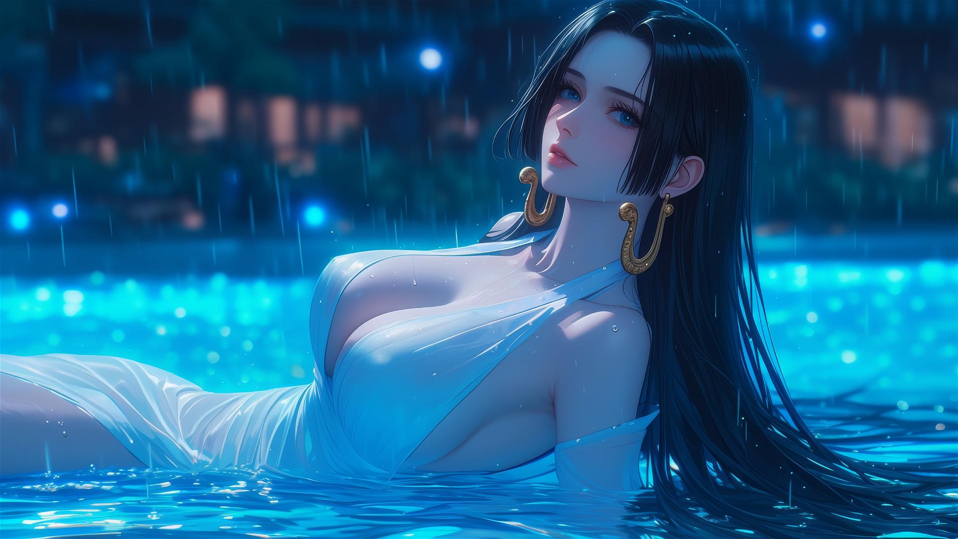 Boa Hancock from One Piece lounging by a rainy pool under moonlight
