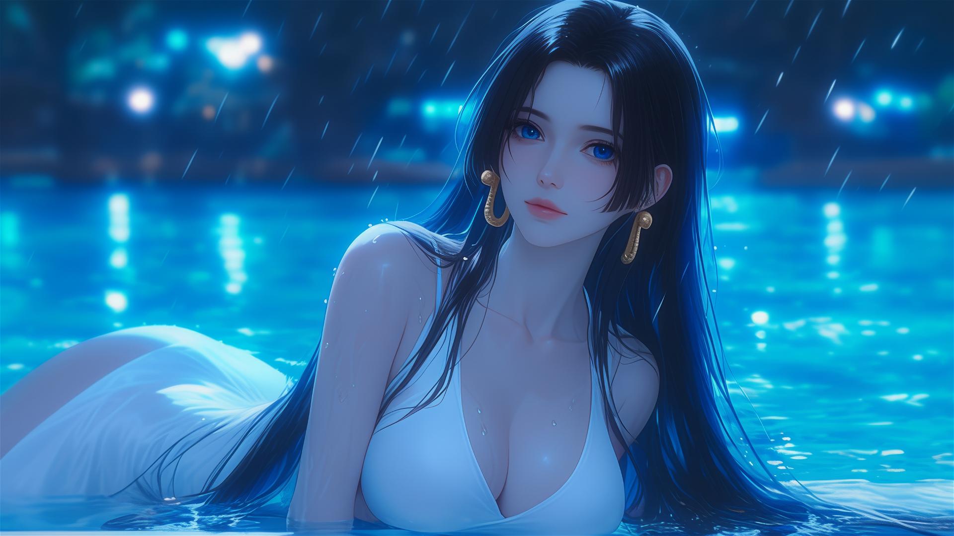 Boa Hancock rests by a rainy swimming pool under moonlight, dressed in white.