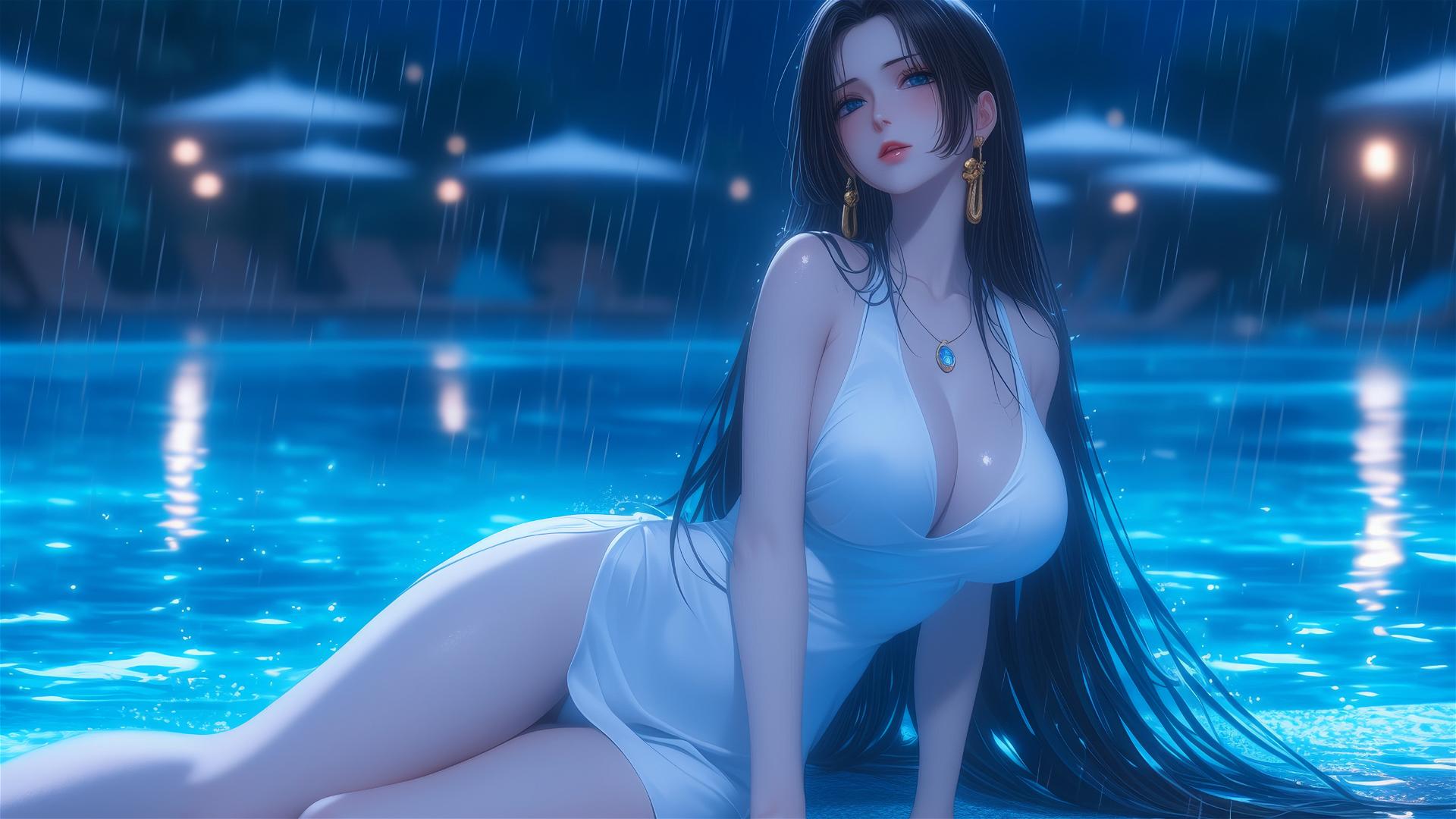 Boa Hancock from One Piece resting by a rainy swimming pool with moonlight