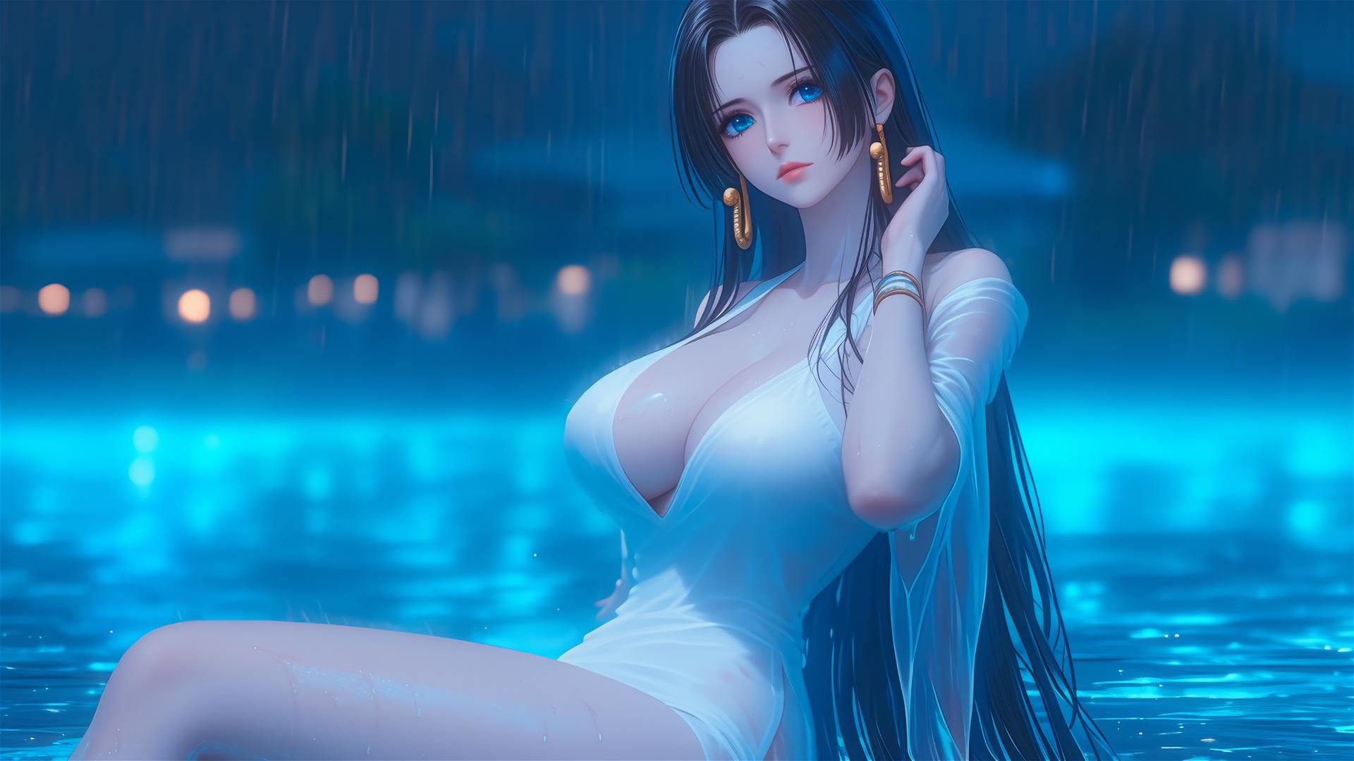 Boa Hancock relaxing by a rainy pool in white attire under moonlight