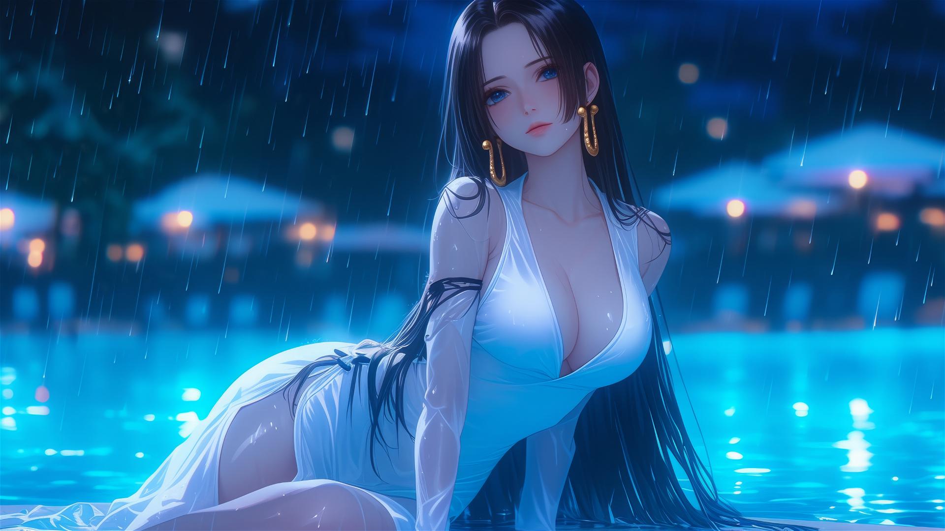 Boa Hancock resting by a rainy swimming pool under moonlight in a white dress