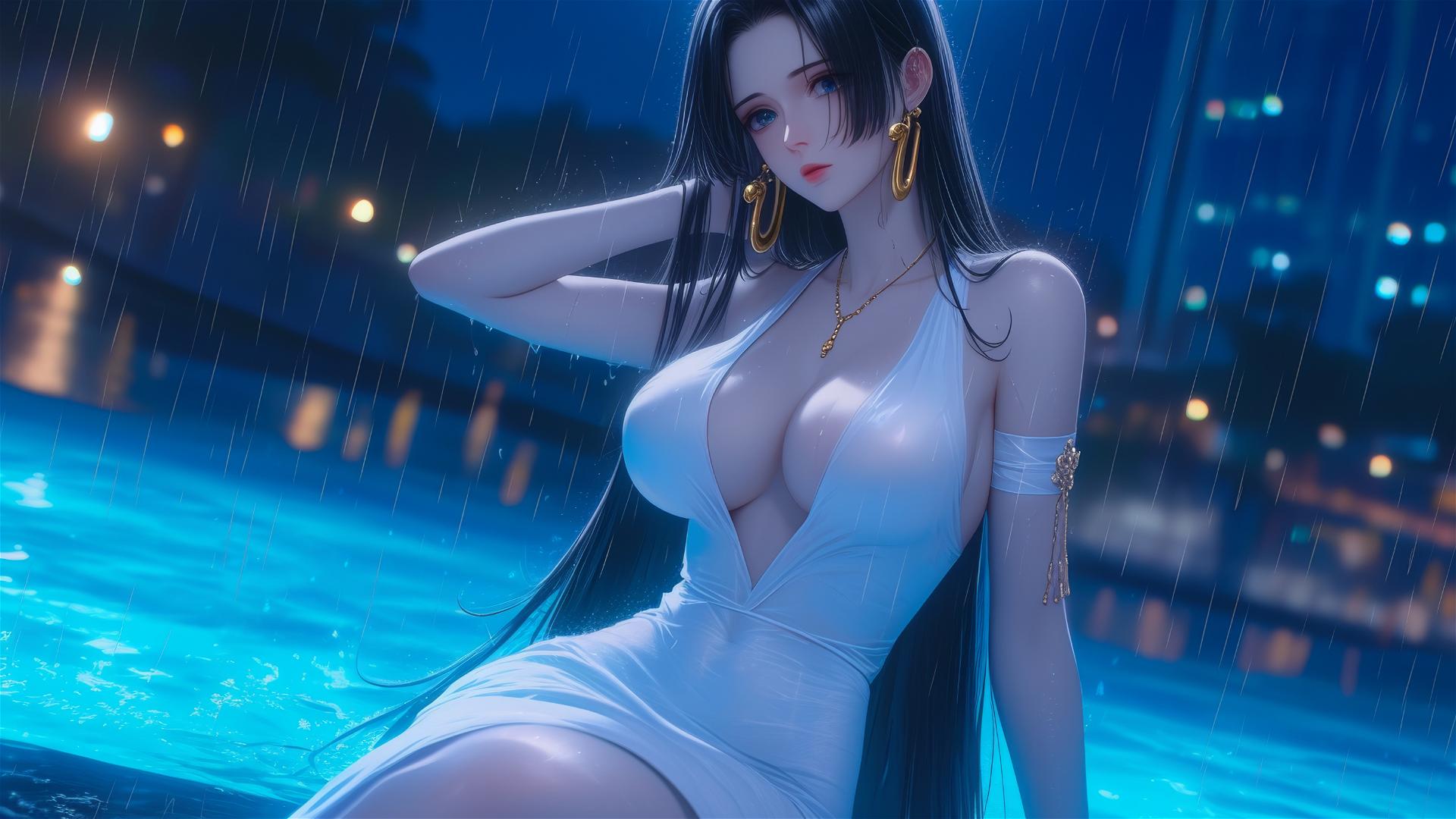Boa Hancock resting by a rainy swimming pool under moonlight