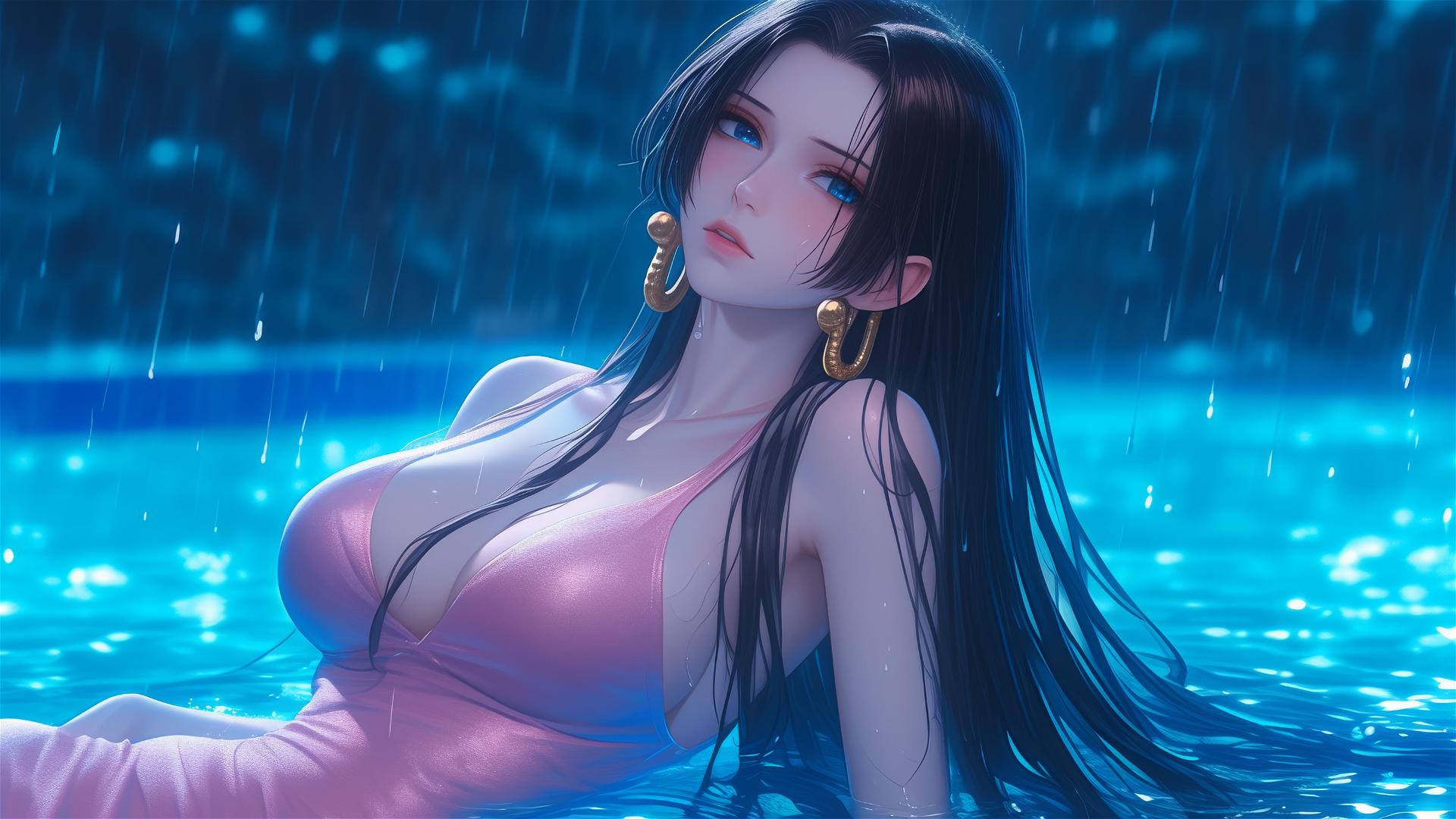 Boa Hancock from One Piece resting by a rainy swimming pool under moonlight in pink dress